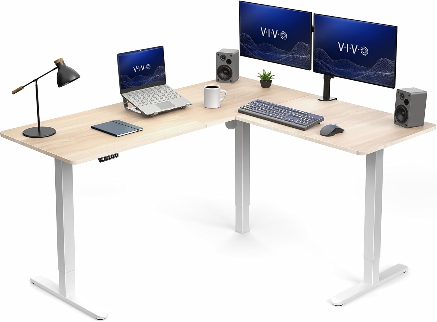 image:imageVIVO Corner Standing Desk 63 x 47 inch Reversible LShaped Workstation Electric Height Adjustment Home Office and Reception Rooms Black Table Top Black Frame DESKE3CTB47Light Wood Top White Frame
