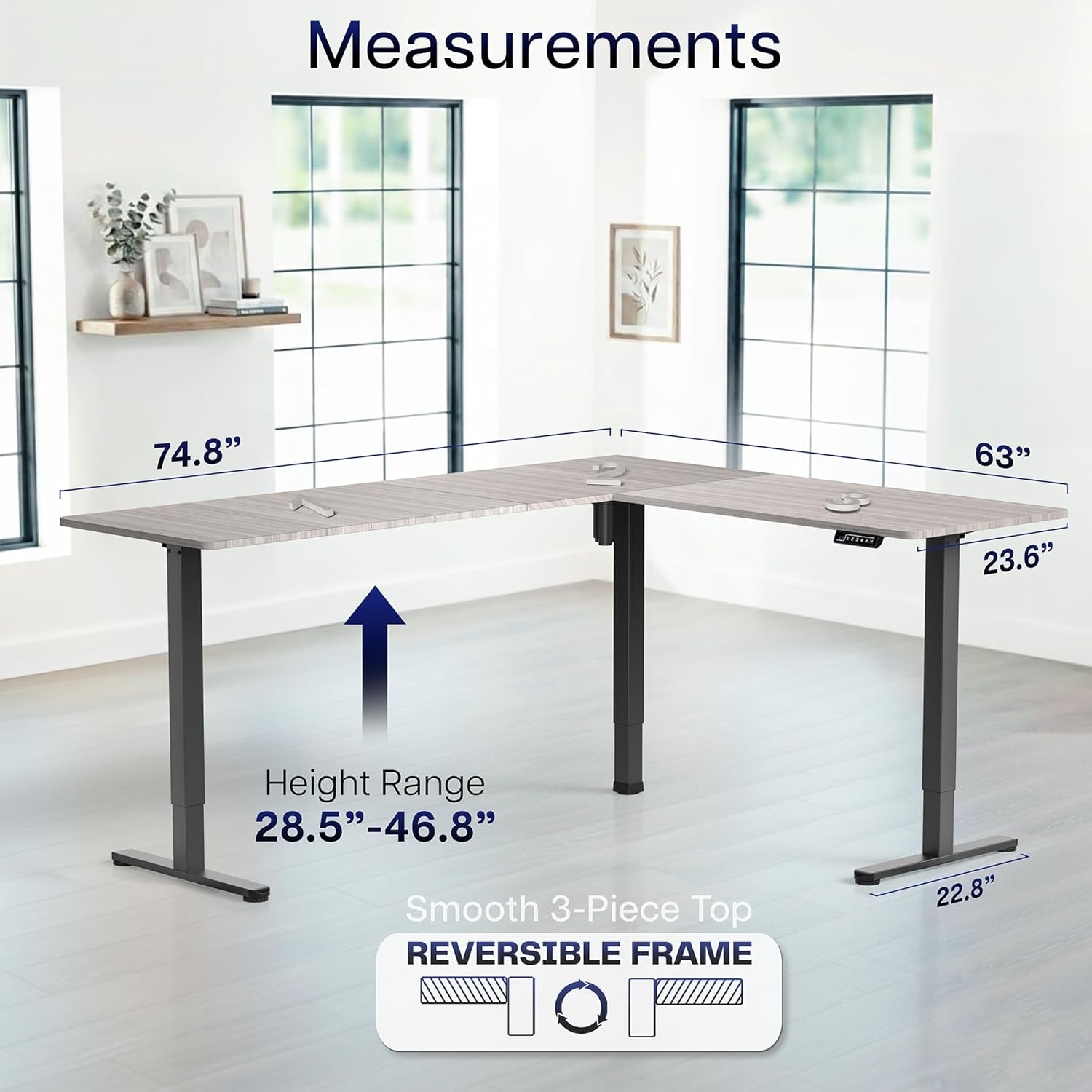 image:imageVIVO Corner Standing Desk 63 x 47 inch Reversible LShaped Workstation Electric Height Adjustment Home Office and Reception Rooms Black Table Top Black Frame DESKE3CTB47Dark Gray Top Black Frame