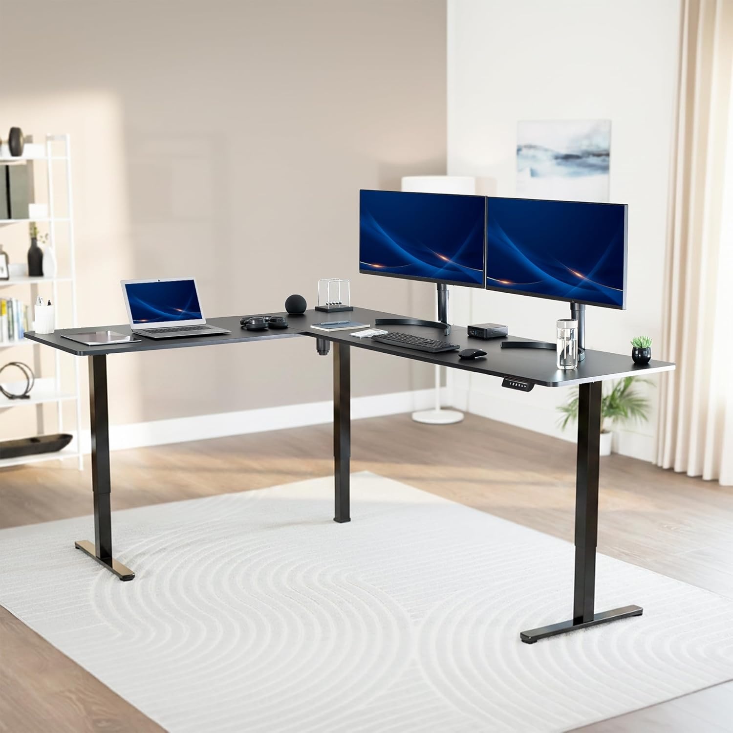 image:imageVIVO Corner Standing Desk 63 x 47 inch Reversible LShaped Workstation Electric Height Adjustment Home Office and Reception Rooms Black Table Top Black Frame DESKE3CTB47Black Top Black Frame