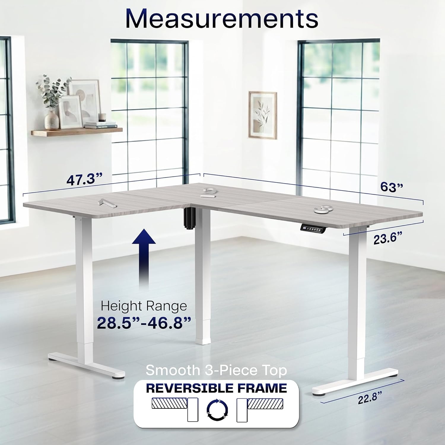image:imageVIVO Corner Standing Desk 63 x 47 inch Reversible LShaped Workstation Electric Height Adjustment Home Office and Reception Rooms Black Table Top Black Frame DESKE3CTB47Dark Gray Top White Frame