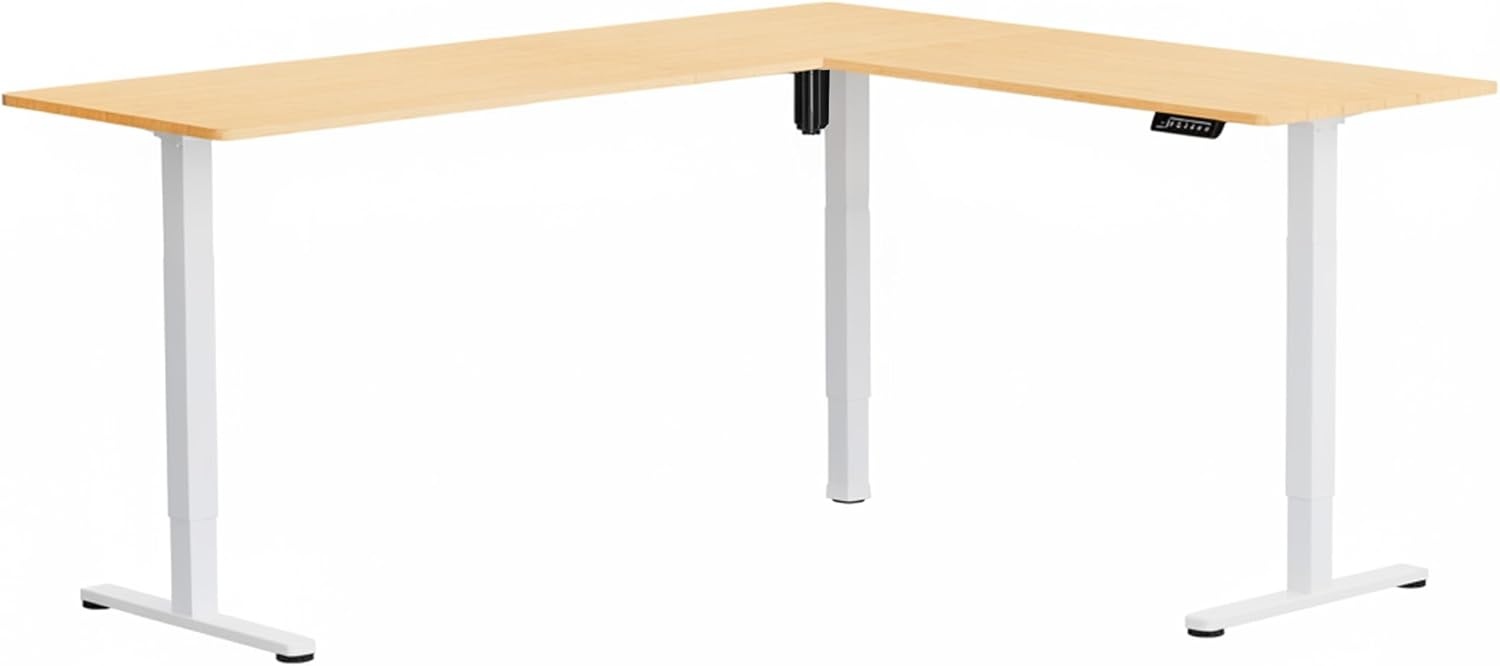 image:imageVIVO Corner Standing Desk 63 x 47 inch Reversible LShaped Workstation Electric Height Adjustment Home Office and Reception Rooms Black Table Top Black Frame DESKE3CTB47Bamboo Top White Frame