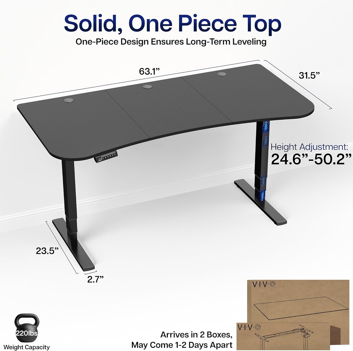 image:imageVIVO Electric 63 x 32 in Standing Desk with Builtin Power Strip Touch Screen Adjustment 220 lb Frame Support 2E Series Black Top Black Frame DESKKIT2EBACCarbon Fiber Top Black Frame