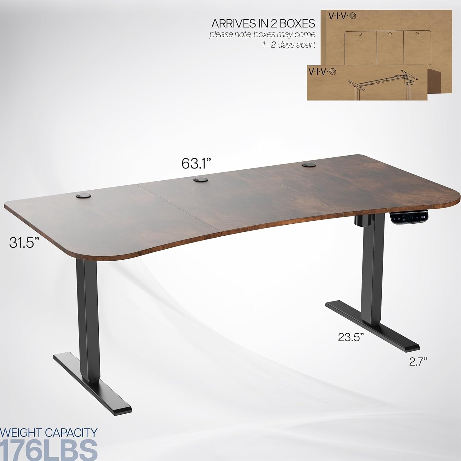 image:imageVIVO Electric 63 x 32 in Standing Desk with Builtin Power Strip Touch Screen Adjustment 220 lb Frame Support 2E Series Black Top Black Frame DESKKIT2EBACVintage Brown Top Black Frame