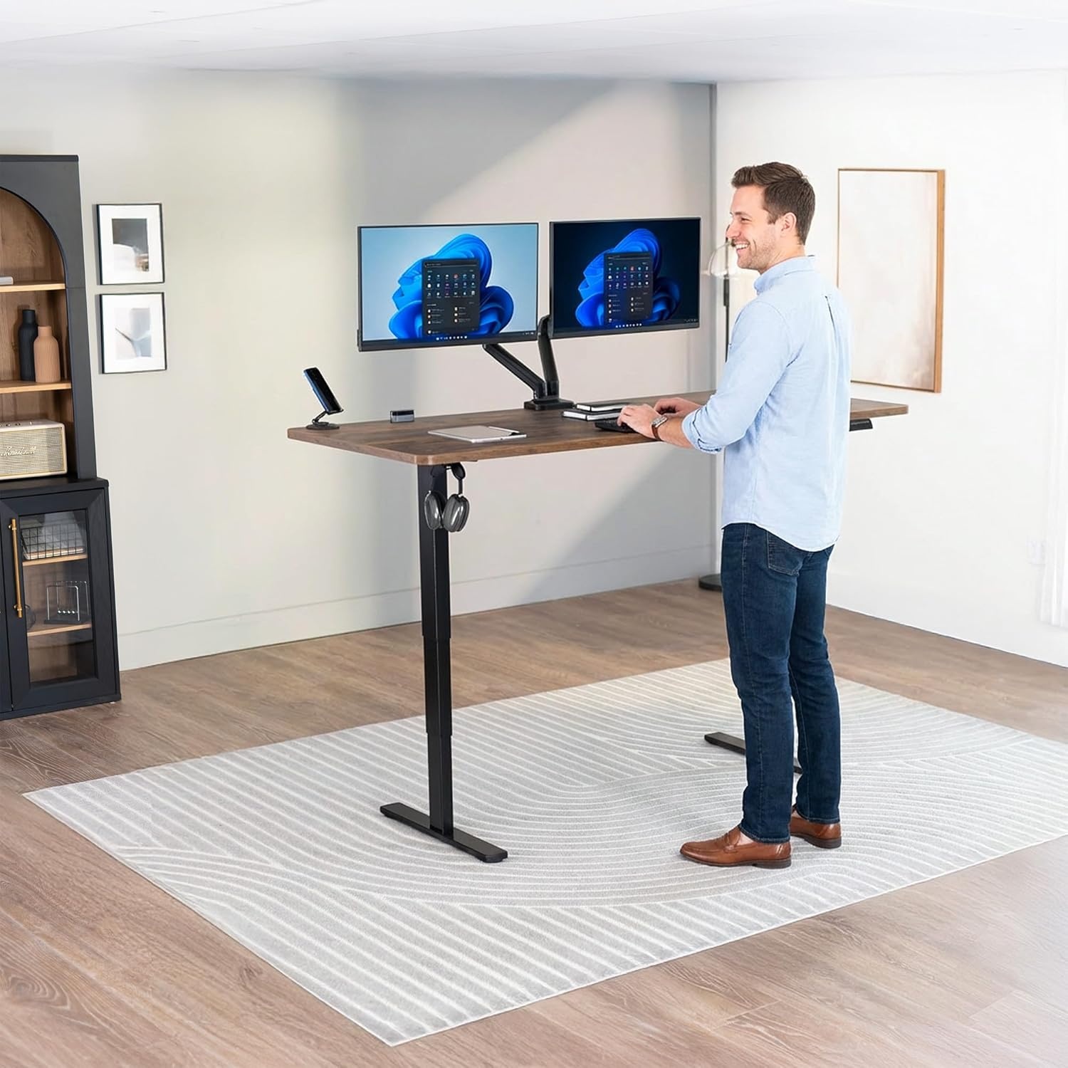 image:imageVIVO Electric 63 x 32 in Standing Desk with Builtin Power Strip Touch Screen Adjustment 220 lb Frame Support 2E Series Black Top Black Frame DESKKIT2EBACVintage Brown Top Black Frame