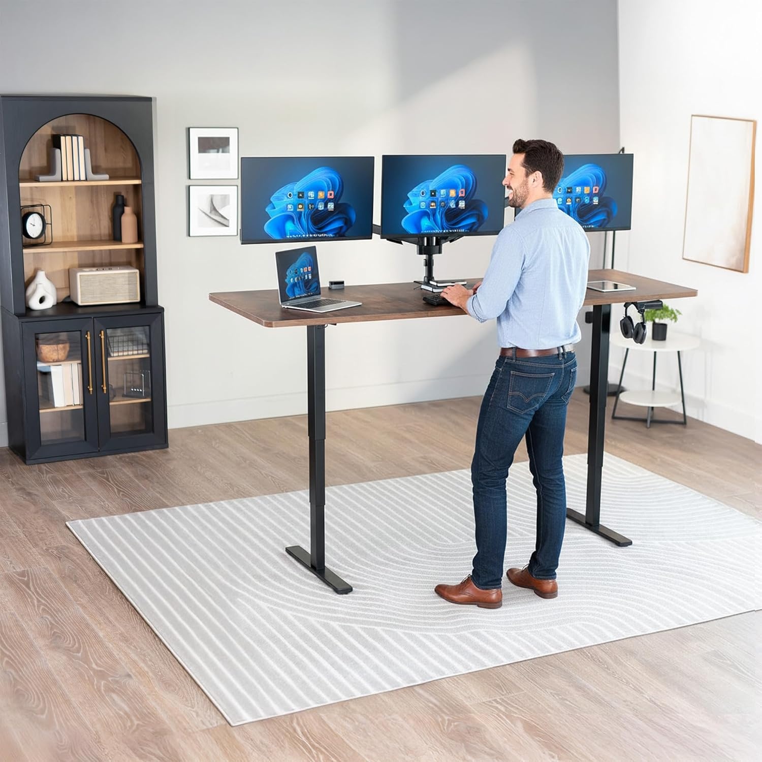 image:imageVIVO Electric 63 x 32 in Standing Desk with Builtin Power Strip Touch Screen Adjustment 220 lb Frame Support 2E Series Black Top Black Frame DESKKIT2EBACVintage Brown Top Black Frame