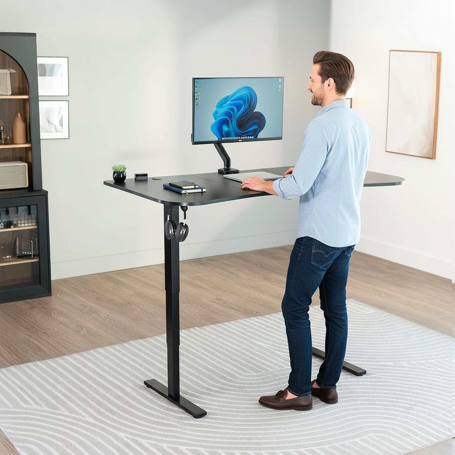 image:imageVIVO Electric 63 x 32 in Standing Desk with Builtin Power Strip Touch Screen Adjustment 220 lb Frame Support 2E Series Black Top Black Frame DESKKIT2EBACCarbon Fiber Top Black Frame