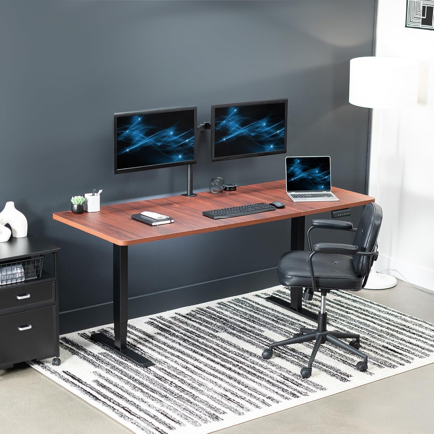 image:imageVIVO Electric 71 x 36 in Dual Motor Sit Stand Desk Memory Height Adjustment 2B Series Black Top Black Frame DESKKIT2B7B36Dark Walnut Top Black Frame
