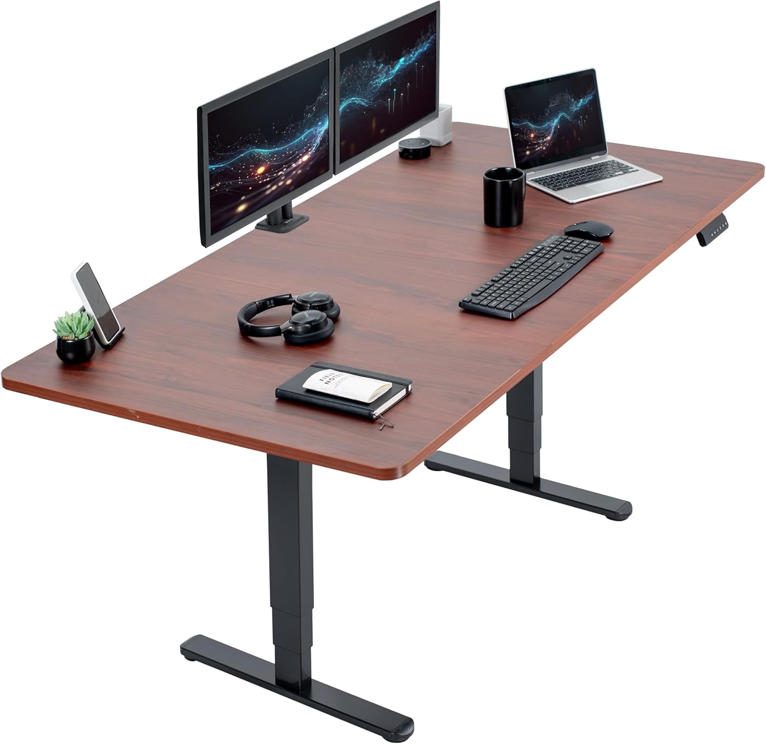 image:imageVIVO Electric 71 x 36 in Dual Motor Sit Stand Desk Memory Height Adjustment 2B Series Black Top Black Frame DESKKIT2B7B36Dark Walnut Top Black Frame