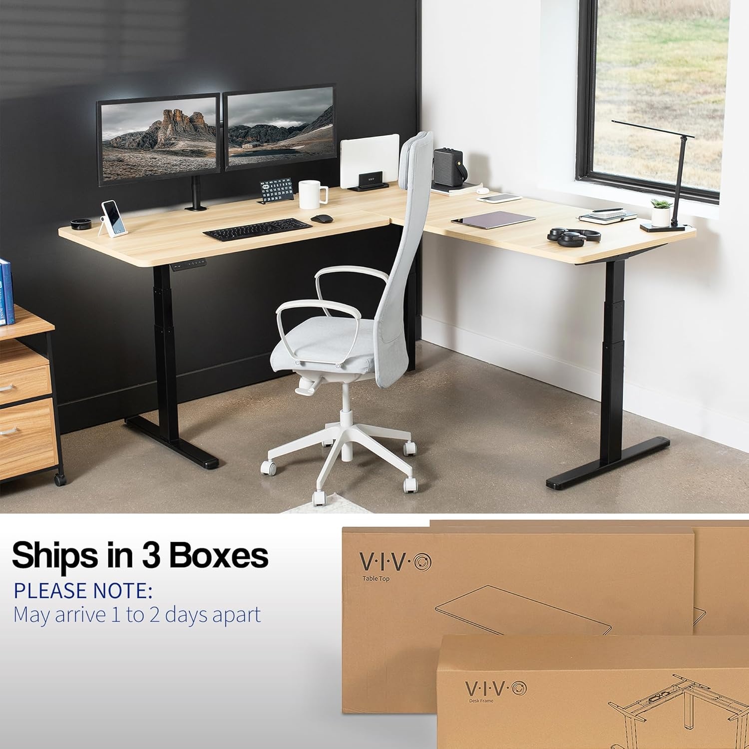 image:imageVIVO Electric Height Adjustable 77 x 71 inch Corner Stand Up Desk 2 Black 30 inch Deep Table Tops Black Frame Memory Controller LShaped Workstation 3E Series DESKKIT3E7BLight Wood Top Black Frame