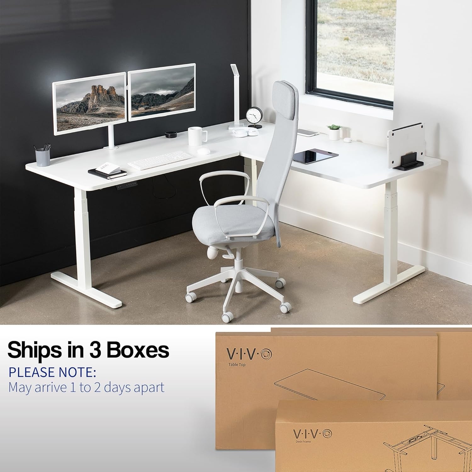 image:imageVIVO Electric Height Adjustable 77 x 71 inch Corner Stand Up Desk 2 Black 30 inch Deep Table Tops Black Frame Memory Controller LShaped Workstation 3E Series DESKKIT3E7BWhite Top White Frame