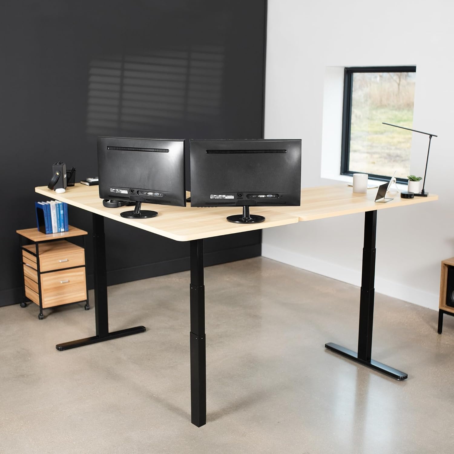 image:imageVIVO Electric Height Adjustable 77 x 71 inch Corner Stand Up Desk 2 Black 30 inch Deep Table Tops Black Frame Memory Controller LShaped Workstation 3E Series DESKKIT3E7BLight Wood Top Black Frame