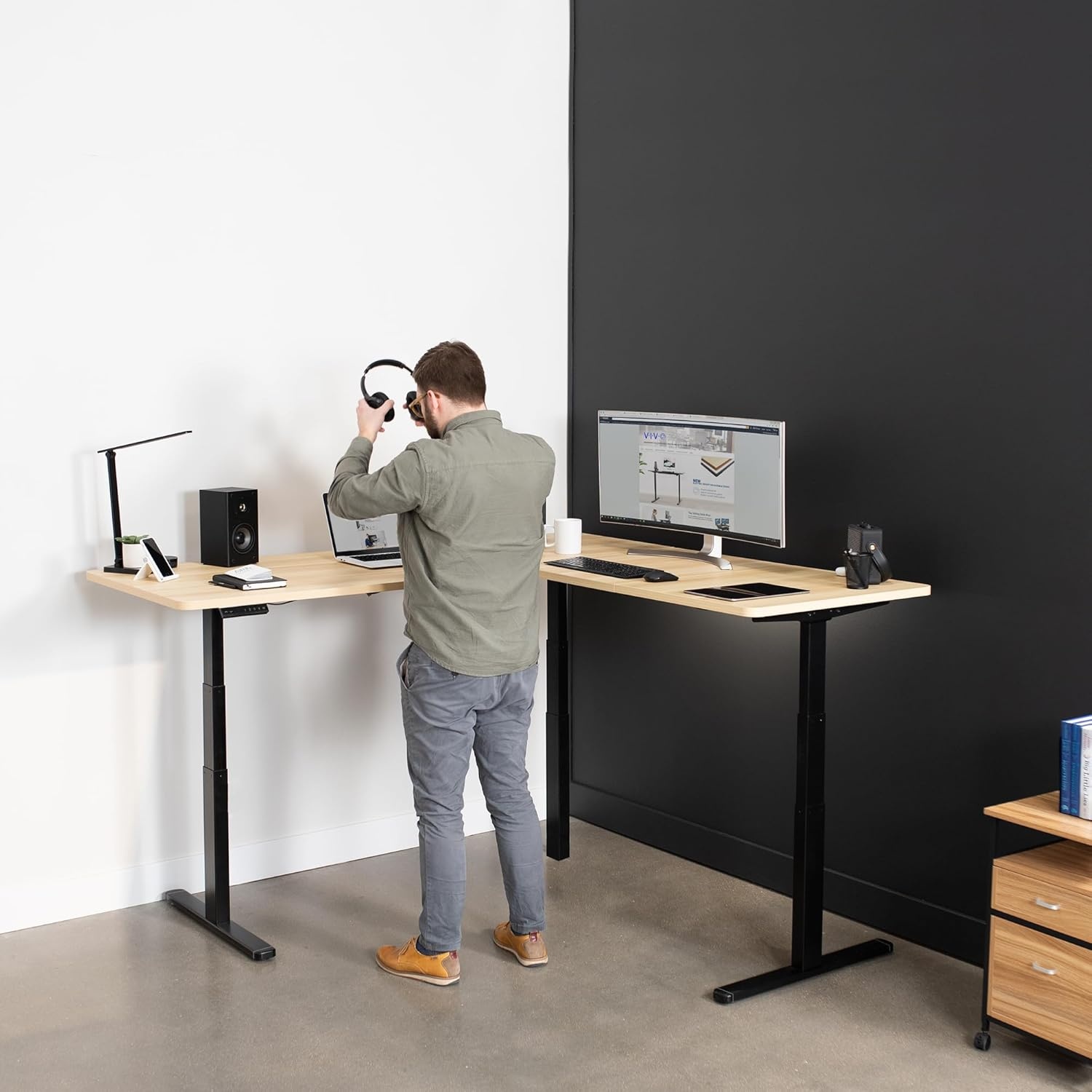 image:imageVIVO Electric Height Adjustable 77 x 71 inch Corner Stand Up Desk 2 Black 30 inch Deep Table Tops Black Frame Memory Controller LShaped Workstation 3E Series DESKKIT3E7BLight Wood Top Black Frame