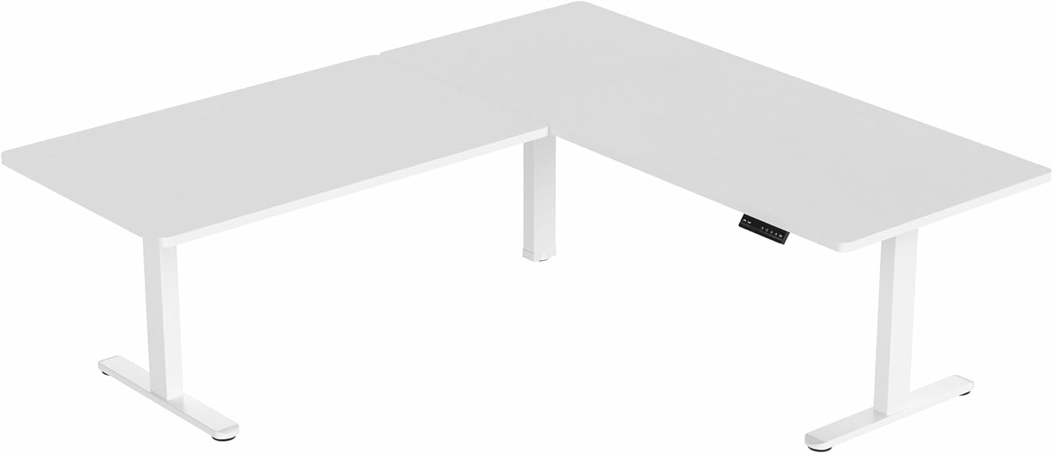 image:imageVIVO Electric Height Adjustable 77 x 71 inch Corner Stand Up Desk 2 Black 30 inch Deep Table Tops Black Frame Memory Controller LShaped Workstation 3E Series DESKKIT3E7BWhite Top White Frame