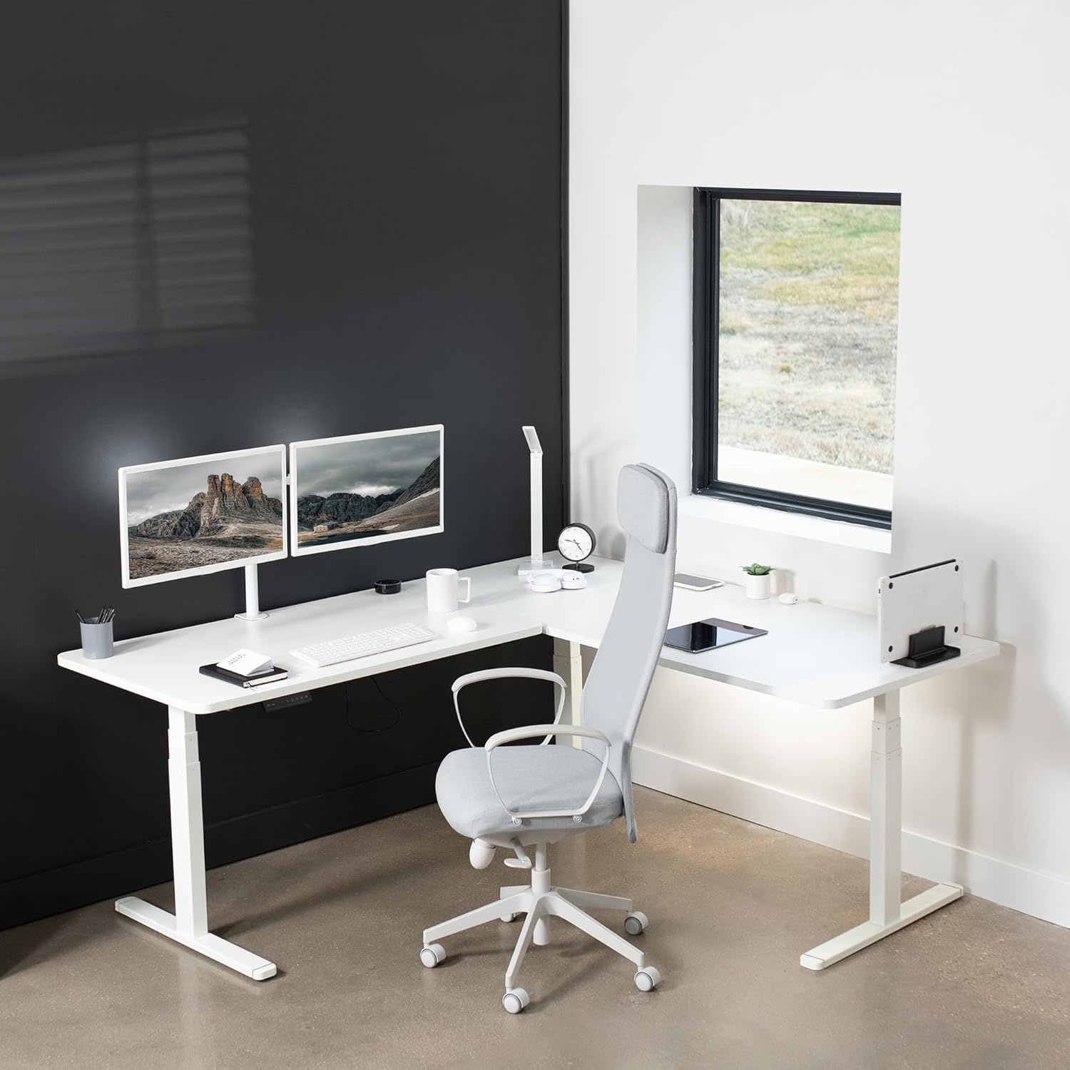 image:imageVIVO Electric Height Adjustable 77 x 71 inch Corner Stand Up Desk 2 Black 30 inch Deep Table Tops Black Frame Memory Controller LShaped Workstation 3E Series DESKKIT3E7BWhite Top White Frame