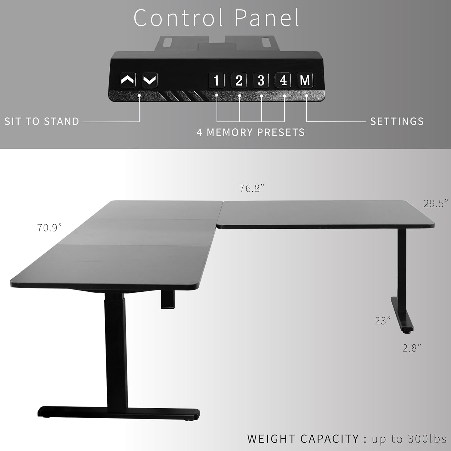 image:imageVIVO Electric Height Adjustable 77 x 71 inch Corner Stand Up Desk 2 Black 30 inch Deep Table Tops Black Frame Memory Controller LShaped Workstation 3E Series DESKKIT3E7BLight Wood Top Black Frame