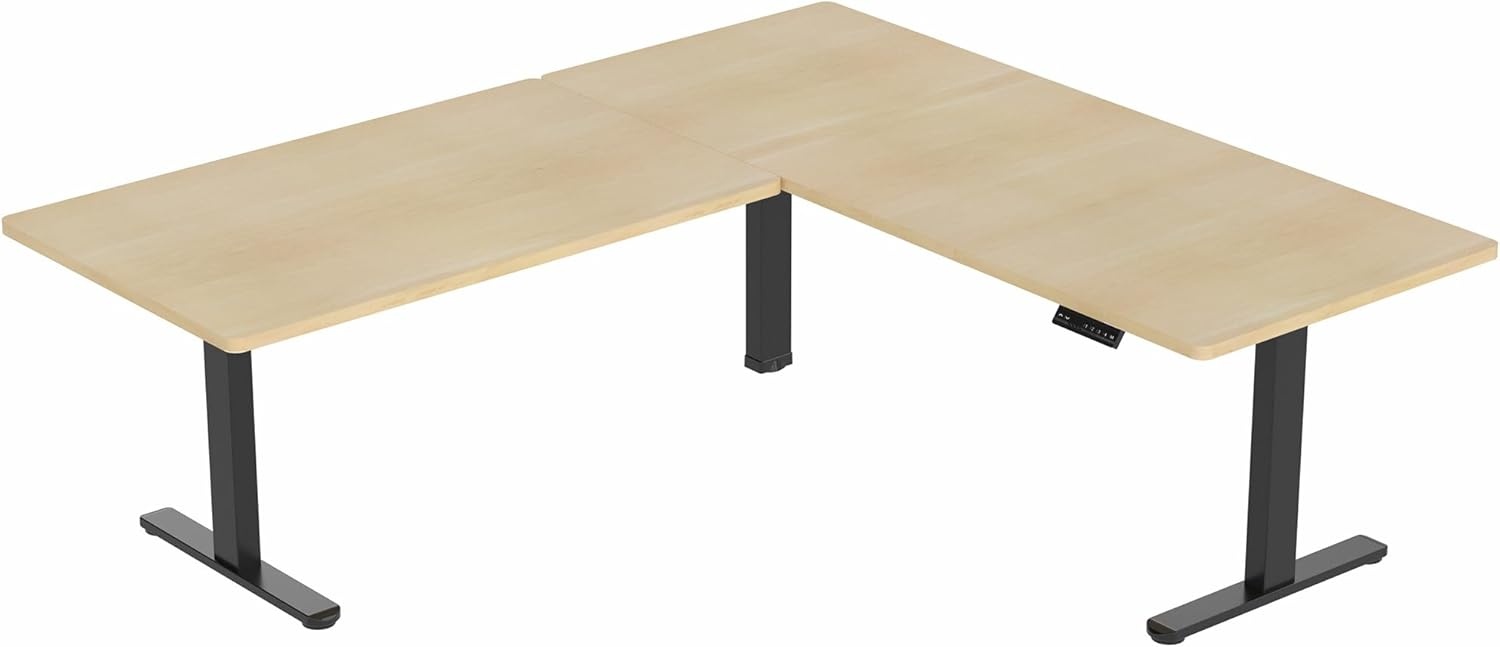 image:imageVIVO Electric Height Adjustable 77 x 71 inch Corner Stand Up Desk 2 Black 30 inch Deep Table Tops Black Frame Memory Controller LShaped Workstation 3E Series DESKKIT3E7BLight Wood Top Black Frame