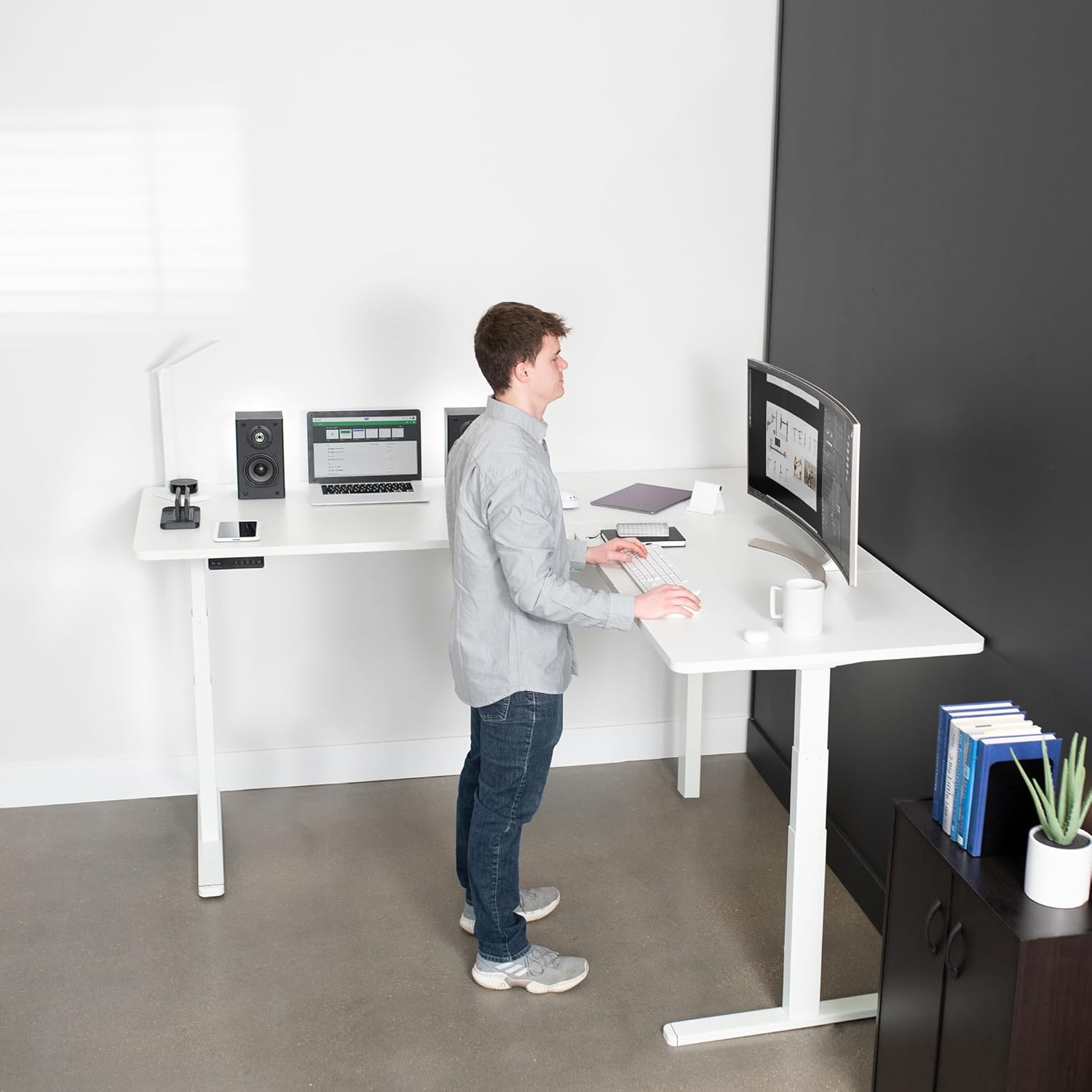 image:imageVIVO Electric Height Adjustable 77 x 71 inch Corner Stand Up Desk 2 Black 30 inch Deep Table Tops Black Frame Memory Controller LShaped Workstation 3E Series DESKKIT3E7BWhite Top White Frame