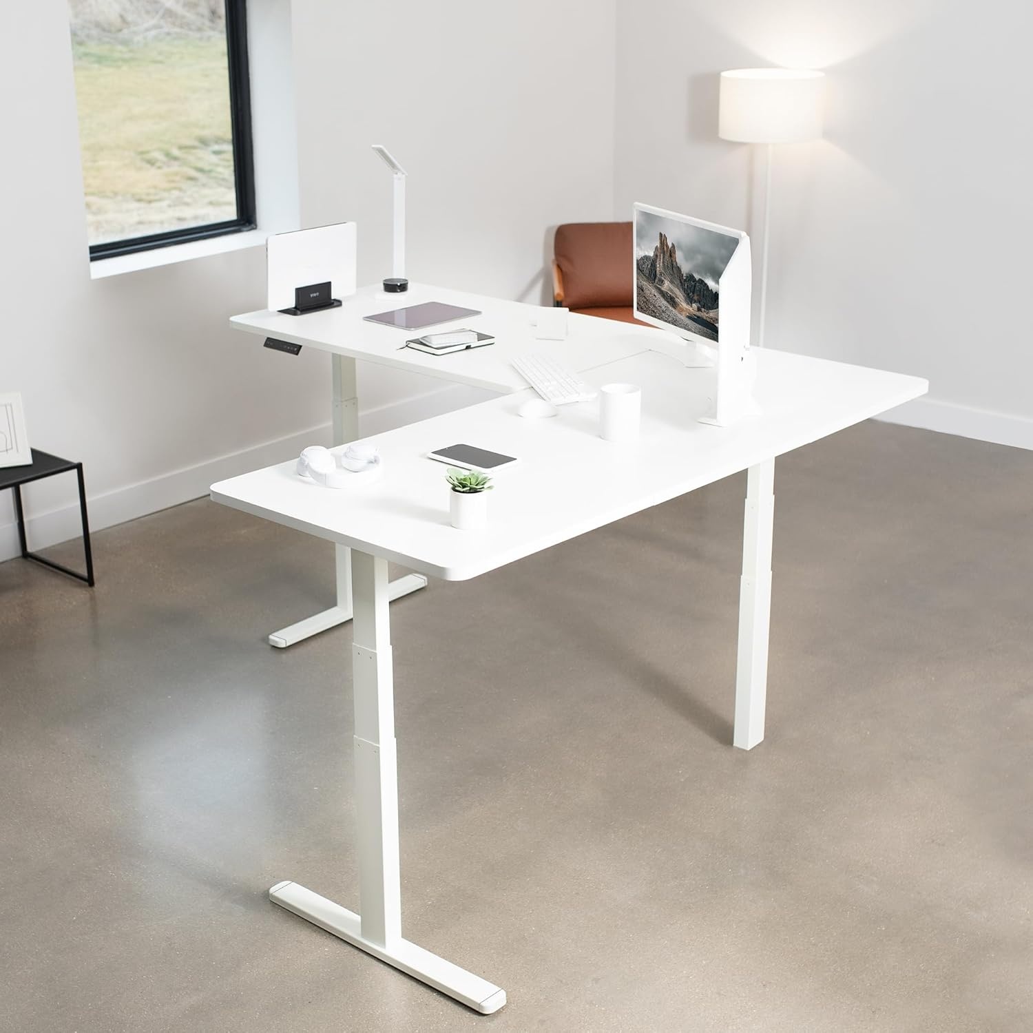 image:imageVIVO Electric Height Adjustable 77 x 71 inch Corner Stand Up Desk 2 Black 30 inch Deep Table Tops Black Frame Memory Controller LShaped Workstation 3E Series DESKKIT3E7BWhite Top White Frame