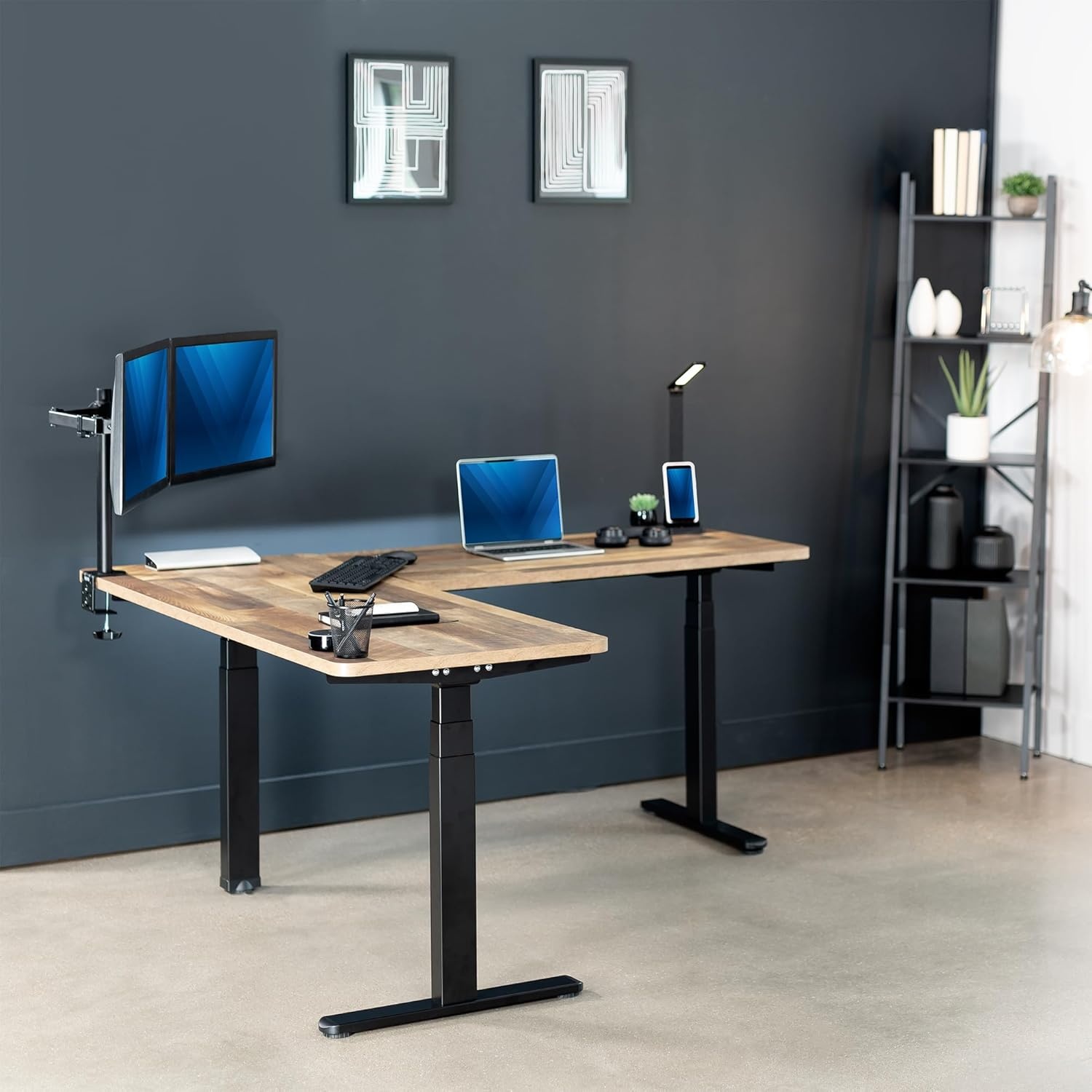 image:imageVIVO Electric Height Adjustable 83 x 60 inch Corner Stand Up Desk 2 Dark Gray Solid Table Tops Black Frame Memory Controller LShaped Workstation 3E Series DESKKIT3E8GReclaimed Wood Top Black Frame