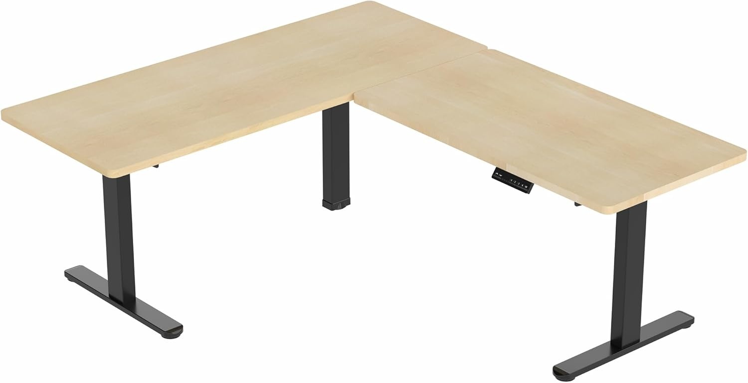 image:imageVIVO Electric Height Adjustable 83 x 60 inch Corner Stand Up Desk 2 Dark Gray Solid Table Tops Black Frame Memory Controller LShaped Workstation 3E Series DESKKIT3E8GLight Wood Top Black Frame