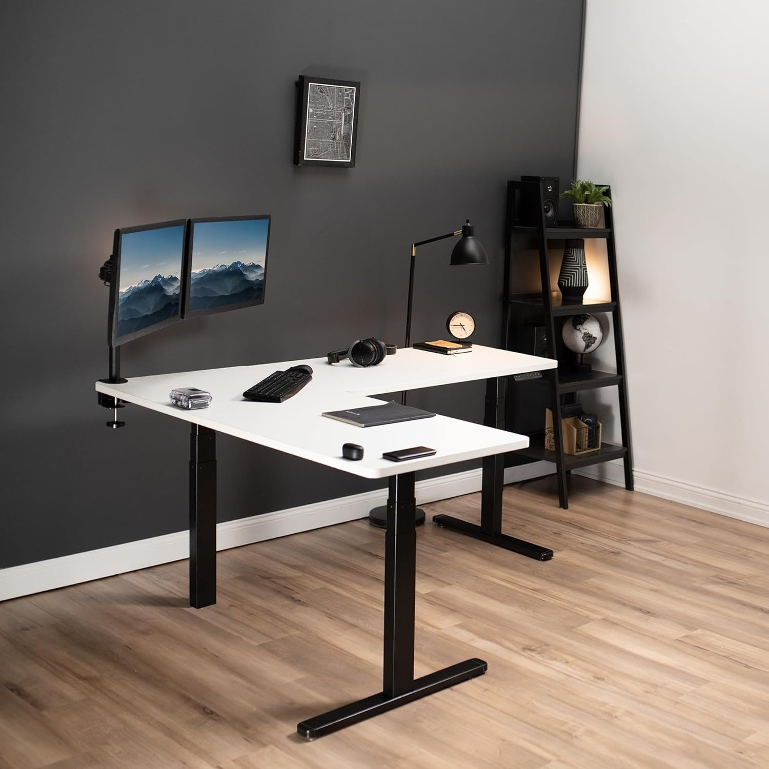 image:imageVIVO Electric Height Adjustable 83 x 60 inch Corner Stand Up Desk 2 Dark Gray Solid Table Tops Black Frame Memory Controller LShaped Workstation 3E Series DESKKIT3E8GWhite Top Black Frame