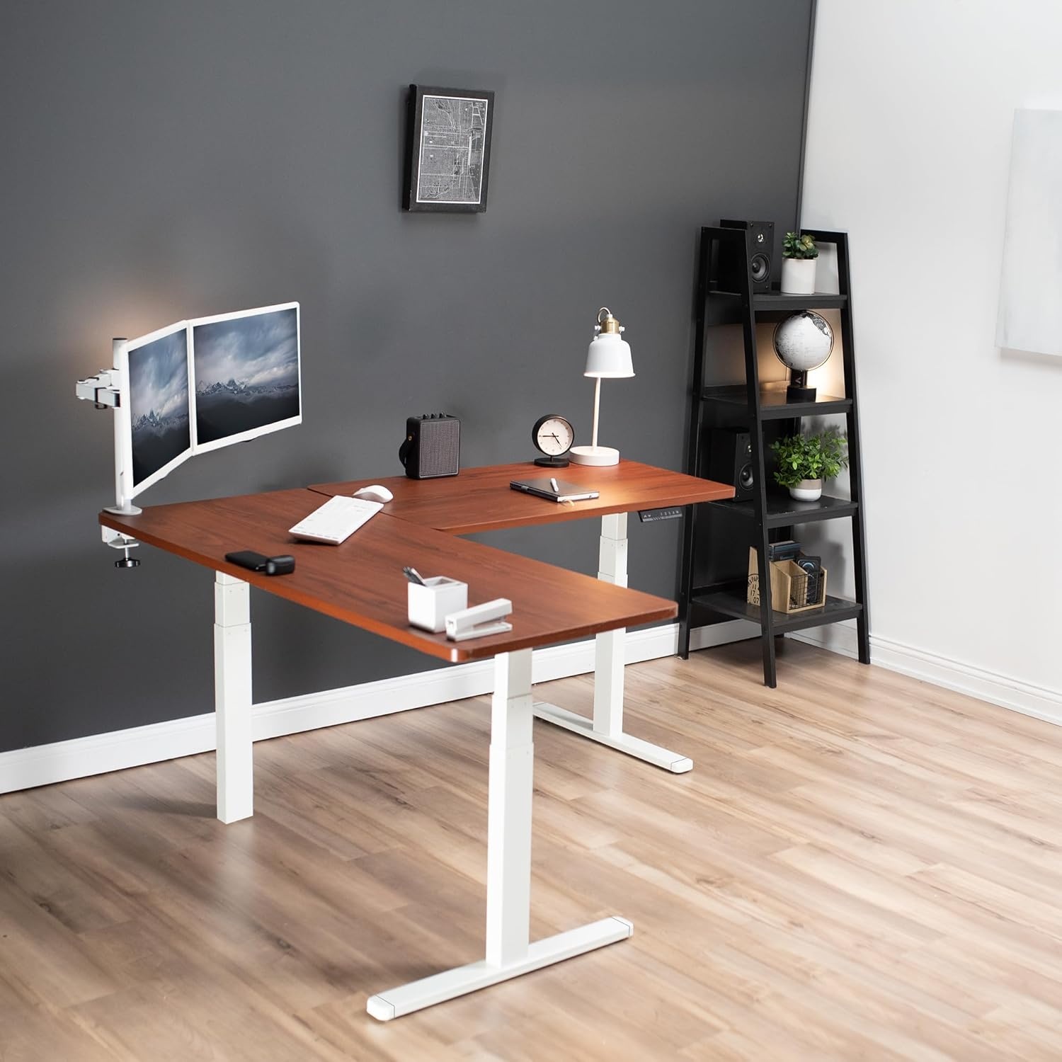 image:imageVIVO Electric Height Adjustable 83 x 60 inch Corner Stand Up Desk 2 Dark Gray Solid Table Tops Black Frame Memory Controller LShaped Workstation 3E Series DESKKIT3E8GDark Walnut Top White Frame