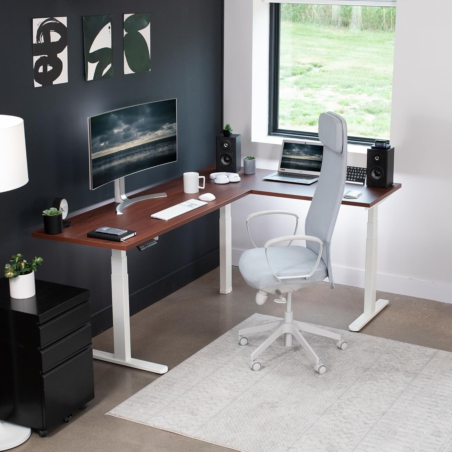image:imageVIVO Electric Height Adjustable 83 x 60 inch Corner Stand Up Desk 2 Dark Gray Solid Table Tops Black Frame Memory Controller LShaped Workstation 3E Series DESKKIT3E8GDark Walnut Top White Frame