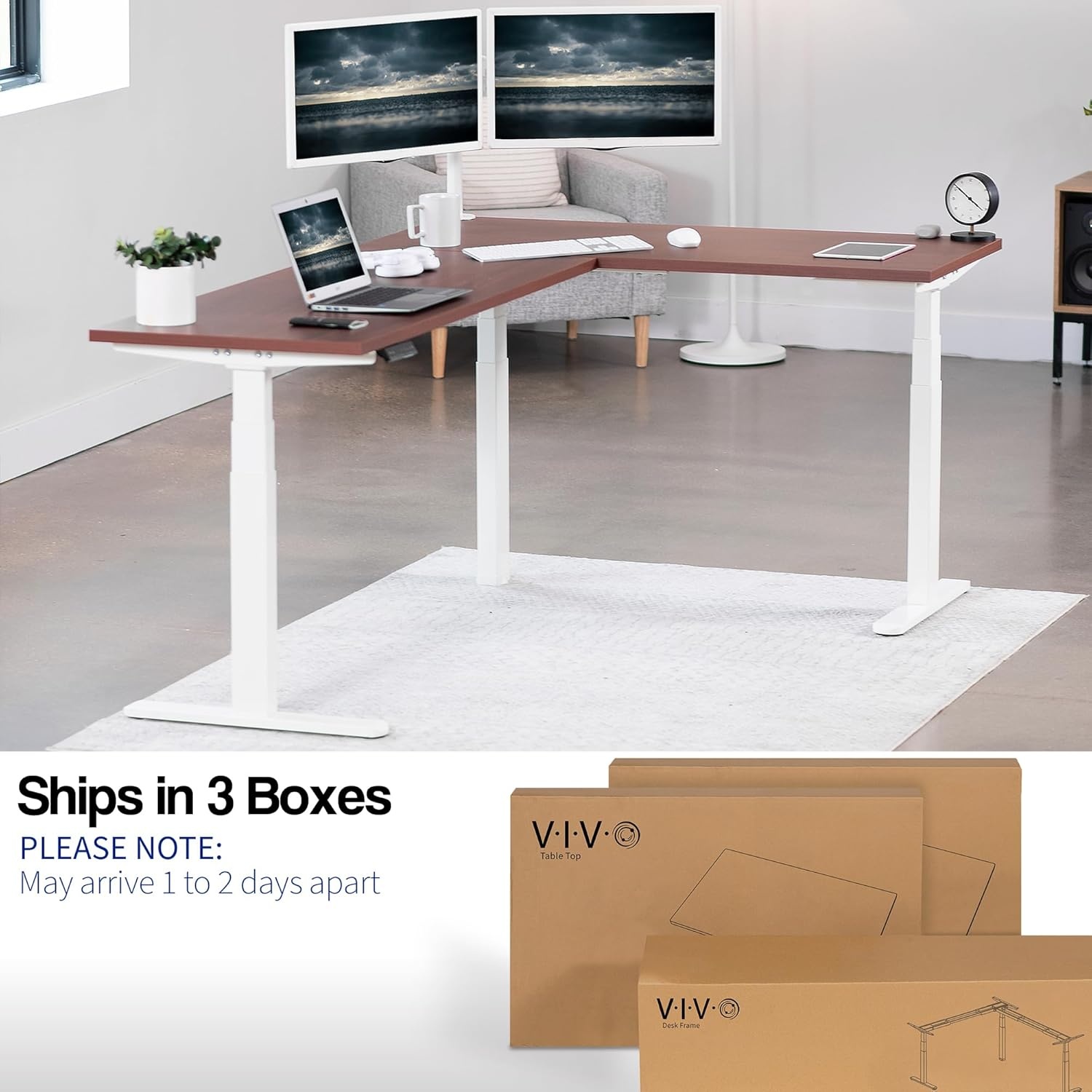 image:imageVIVO Electric Height Adjustable 83 x 60 inch Corner Stand Up Desk 2 Dark Gray Solid Table Tops Black Frame Memory Controller LShaped Workstation 3E Series DESKKIT3E8GDark Walnut Top White Frame