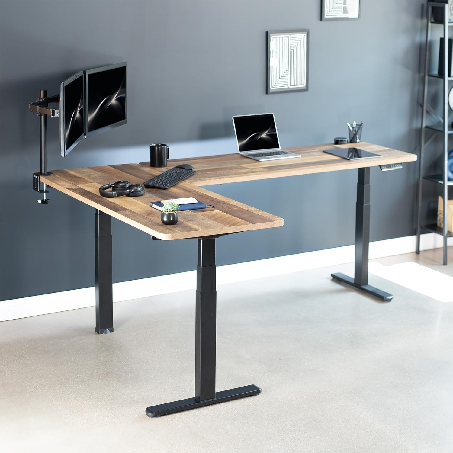 image:imageVIVO Electric Height Adjustable 83 x 60 inch Corner Stand Up Desk 2 Dark Gray Solid Table Tops Black Frame Memory Controller LShaped Workstation 3E Series DESKKIT3E8GReclaimed Wood Top Black Frame