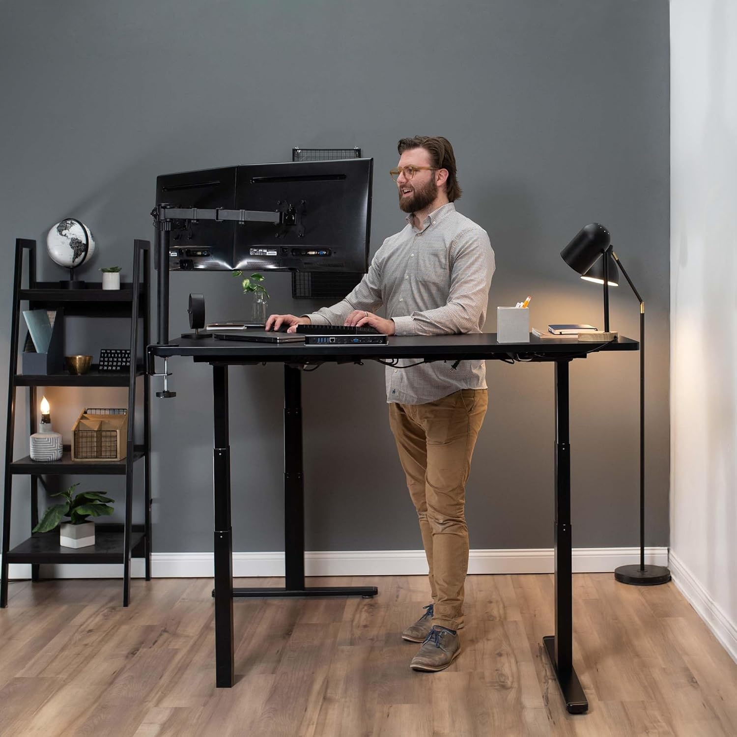 image:imageVIVO Electric Height Adjustable 83 x 60 inch Corner Stand Up Desk 2 Dark Gray Solid Table Tops Black Frame Memory Controller LShaped Workstation 3E Series DESKKIT3E8GDark Gray Top Black Frame
