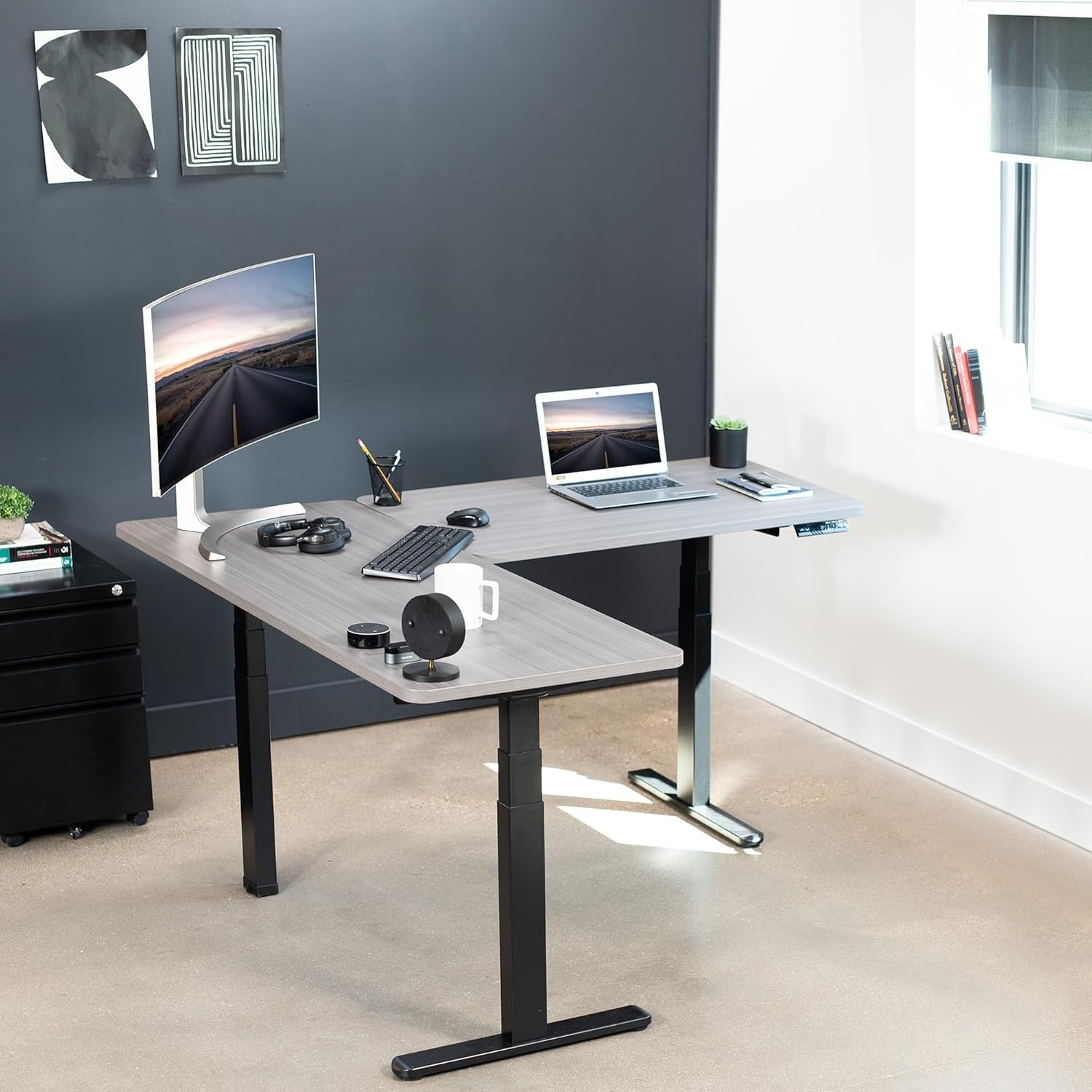 image:imageVIVO Electric Height Adjustable 83 x 60 inch Corner Stand Up Desk 2 Dark Gray Solid Table Tops Black Frame Memory Controller LShaped Workstation 3E Series DESKKIT3E8GDark Gray Top Black Frame
