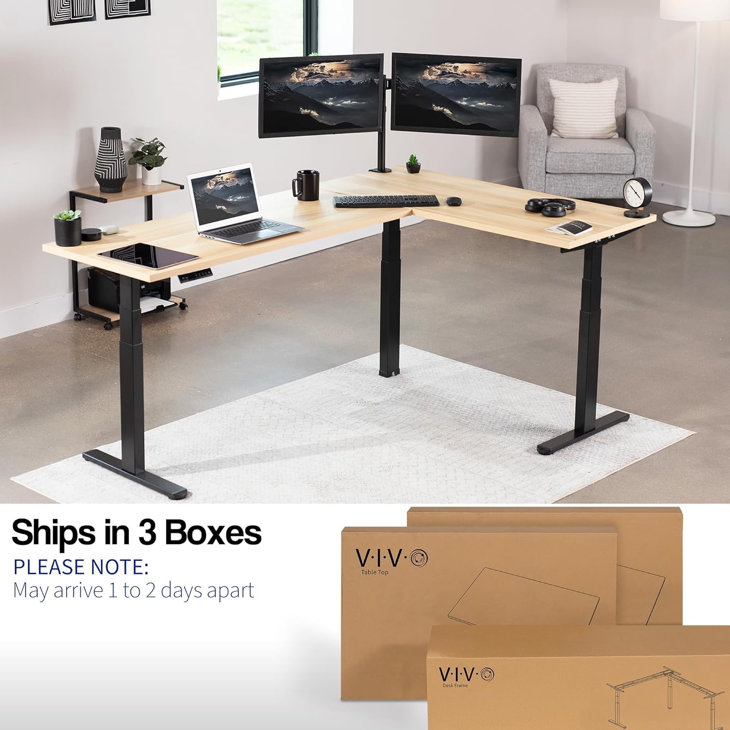 image:imageVIVO Electric Height Adjustable 83 x 60 inch Corner Stand Up Desk 2 Dark Gray Solid Table Tops Black Frame Memory Controller LShaped Workstation 3E Series DESKKIT3E8GLight Wood Top Black Frame