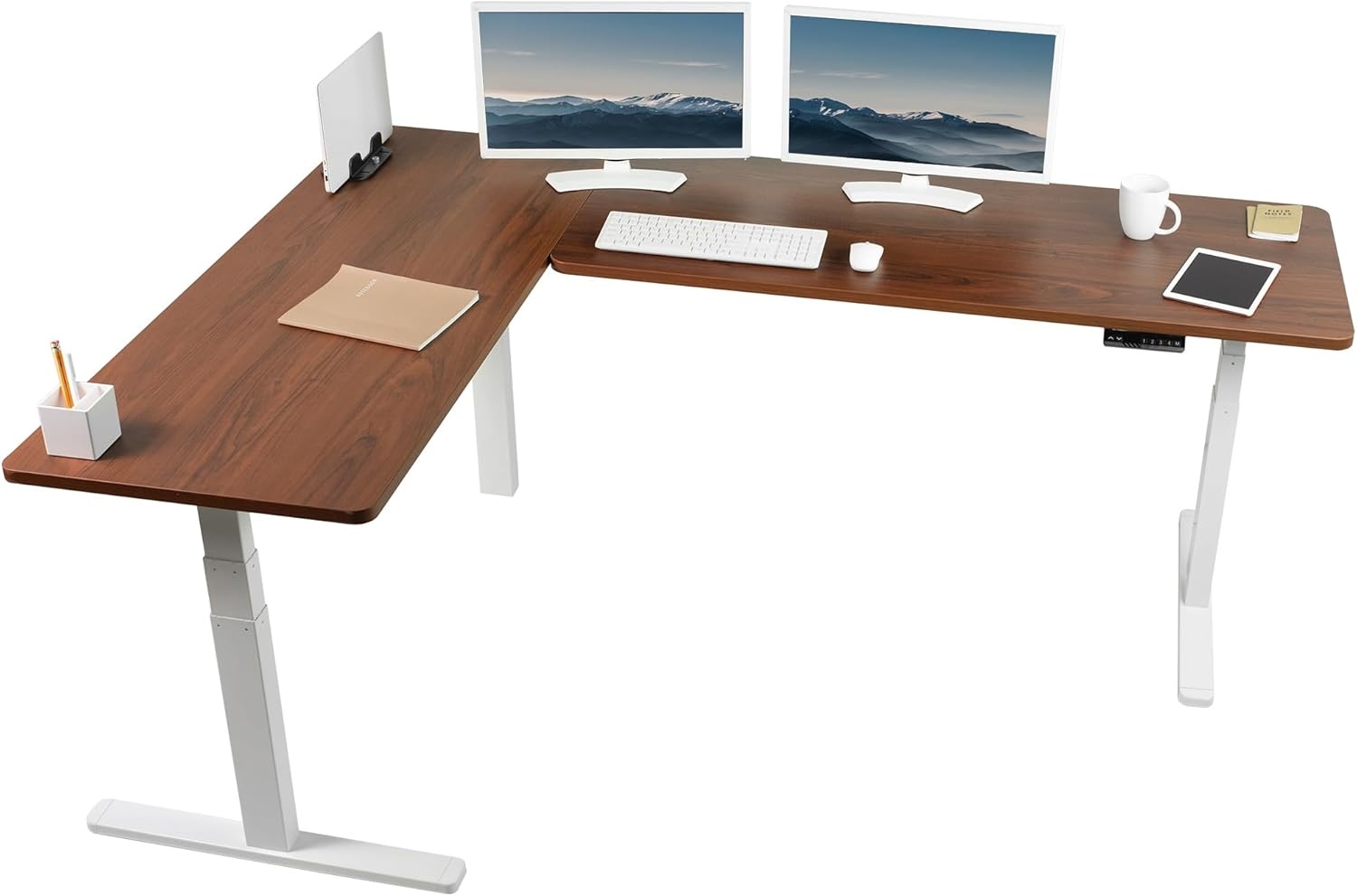 image:imageVIVO Electric Height Adjustable 83 x 60 inch Corner Stand Up Desk 2 Dark Gray Solid Table Tops Black Frame Memory Controller LShaped Workstation 3E Series DESKKIT3E8GDark Walnut Top White Frame