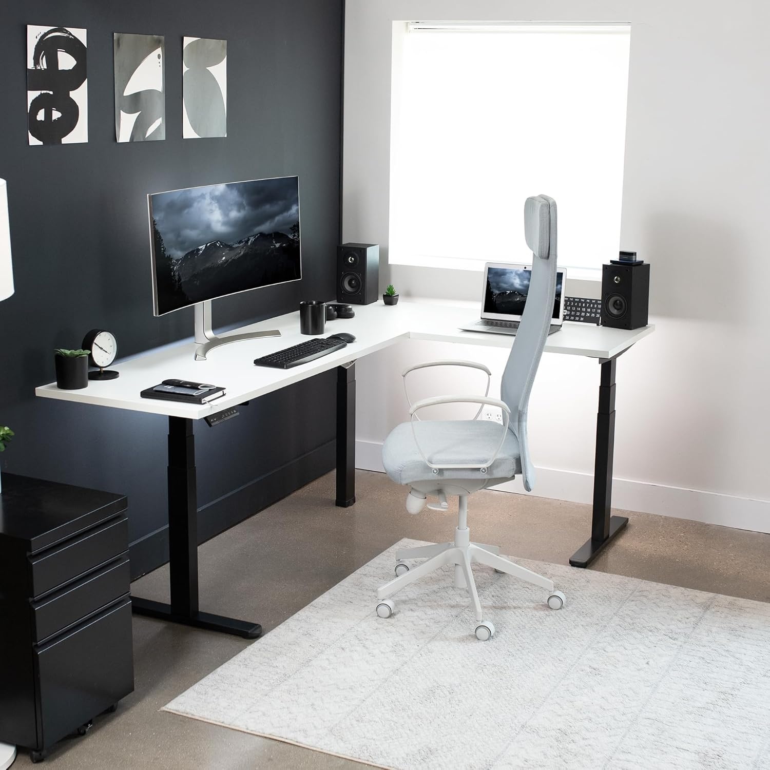 image:imageVIVO Electric Height Adjustable 83 x 60 inch Corner Stand Up Desk 2 Dark Gray Solid Table Tops Black Frame Memory Controller LShaped Workstation 3E Series DESKKIT3E8GWhite Top Black Frame
