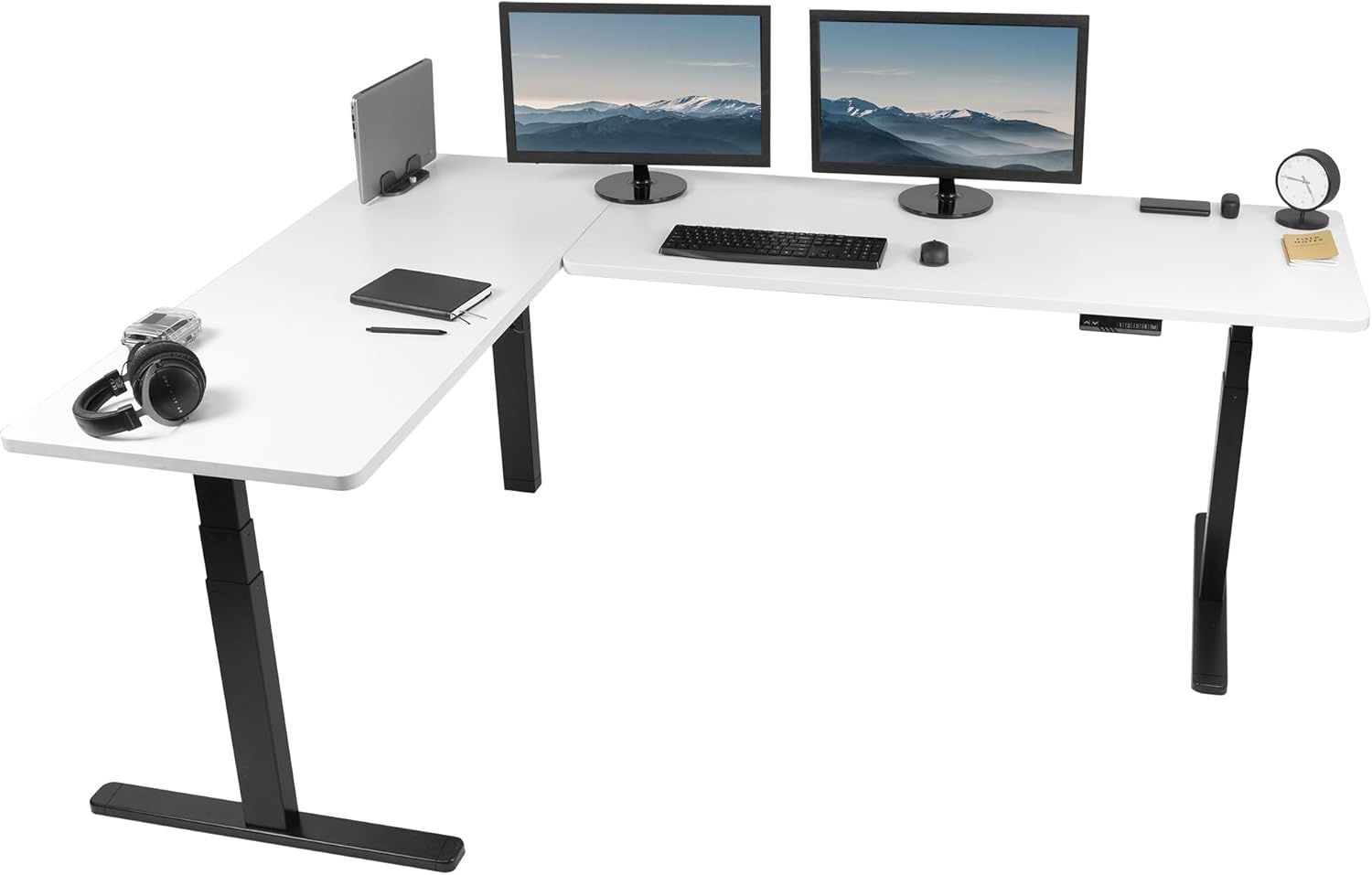 image:imageVIVO Electric Height Adjustable 83 x 60 inch Corner Stand Up Desk 2 Dark Gray Solid Table Tops Black Frame Memory Controller LShaped Workstation 3E Series DESKKIT3E8GWhite Top Black Frame