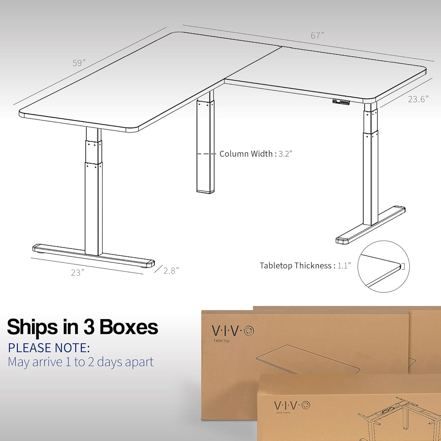 image:imageVIVO Electric Height Adjustable 83 x 60 inch Corner Stand Up Desk 2 Dark Gray Solid Table Tops Black Frame Memory Controller LShaped Workstation 3E Series DESKKIT3E8GLight Wood Top Black Frame