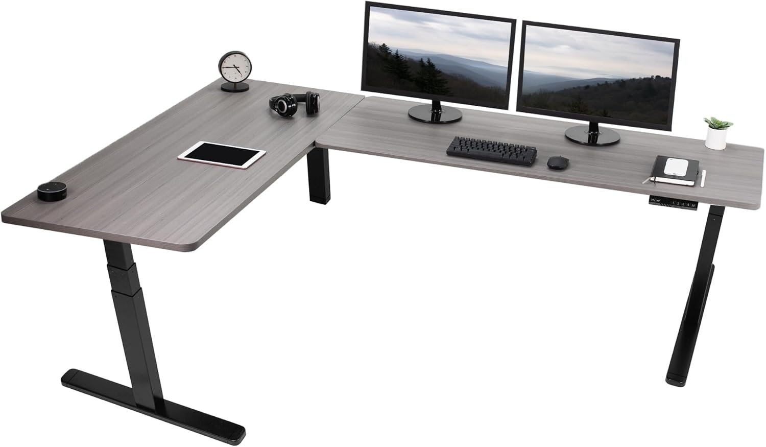 image:imageVIVO Electric Height Adjustable 83 x 60 inch Corner Stand Up Desk 2 Dark Gray Solid Table Tops Black Frame Memory Controller LShaped Workstation 3E Series DESKKIT3E8GDark Gray Top Black Frame