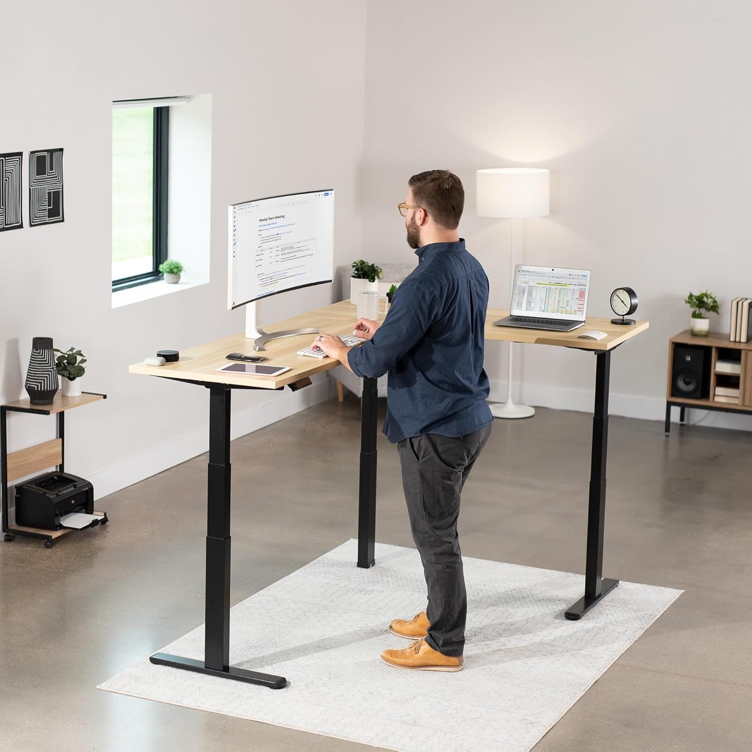 image:imageVIVO Electric Height Adjustable 83 x 60 inch Corner Stand Up Desk 2 Dark Gray Solid Table Tops Black Frame Memory Controller LShaped Workstation 3E Series DESKKIT3E8GLight Wood Top Black Frame