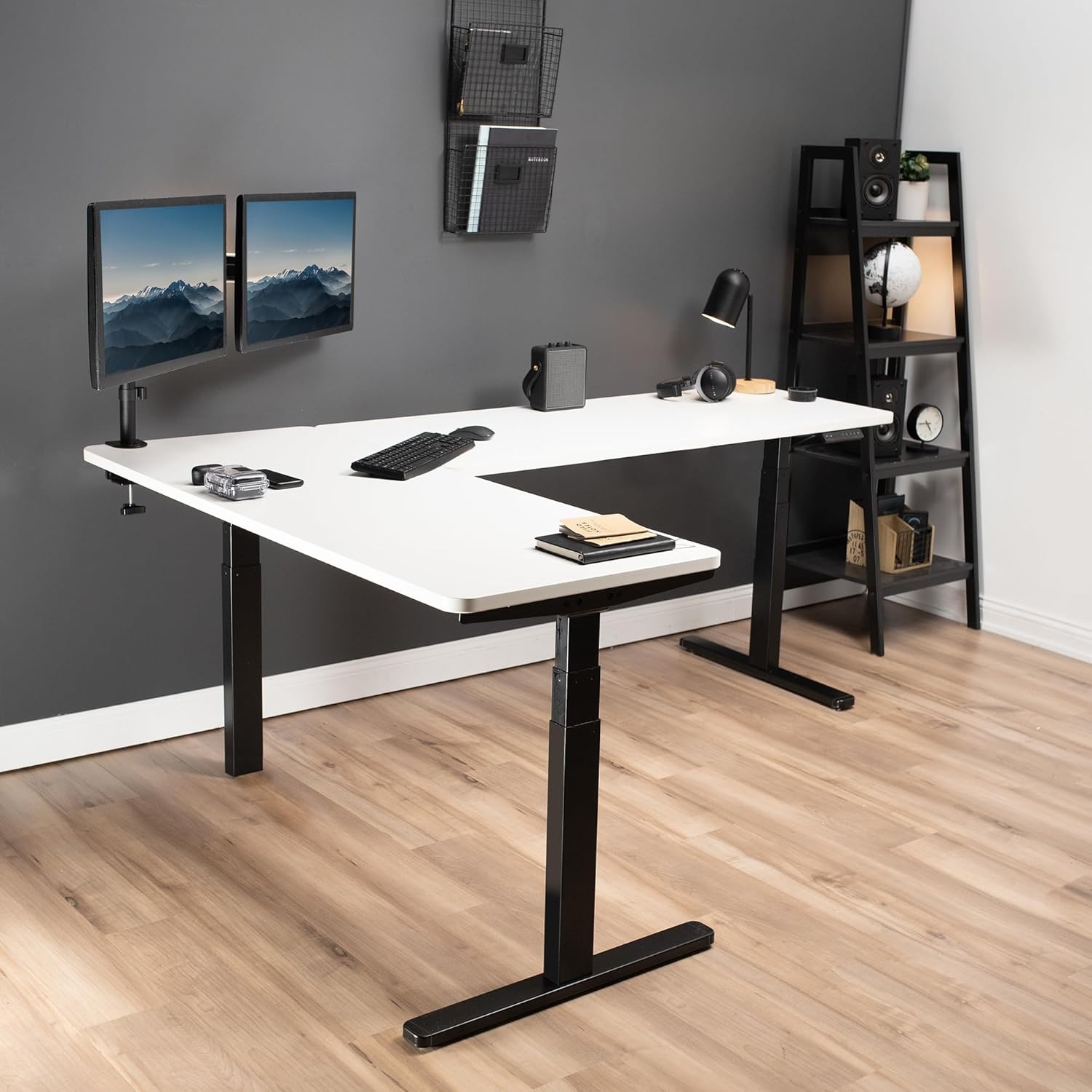 image:imageVIVO Electric Height Adjustable 83 x 60 inch Corner Stand Up Desk 2 Dark Gray Solid Table Tops Black Frame Memory Controller LShaped Workstation 3E Series DESKKIT3E8GWhite Top Black Frame