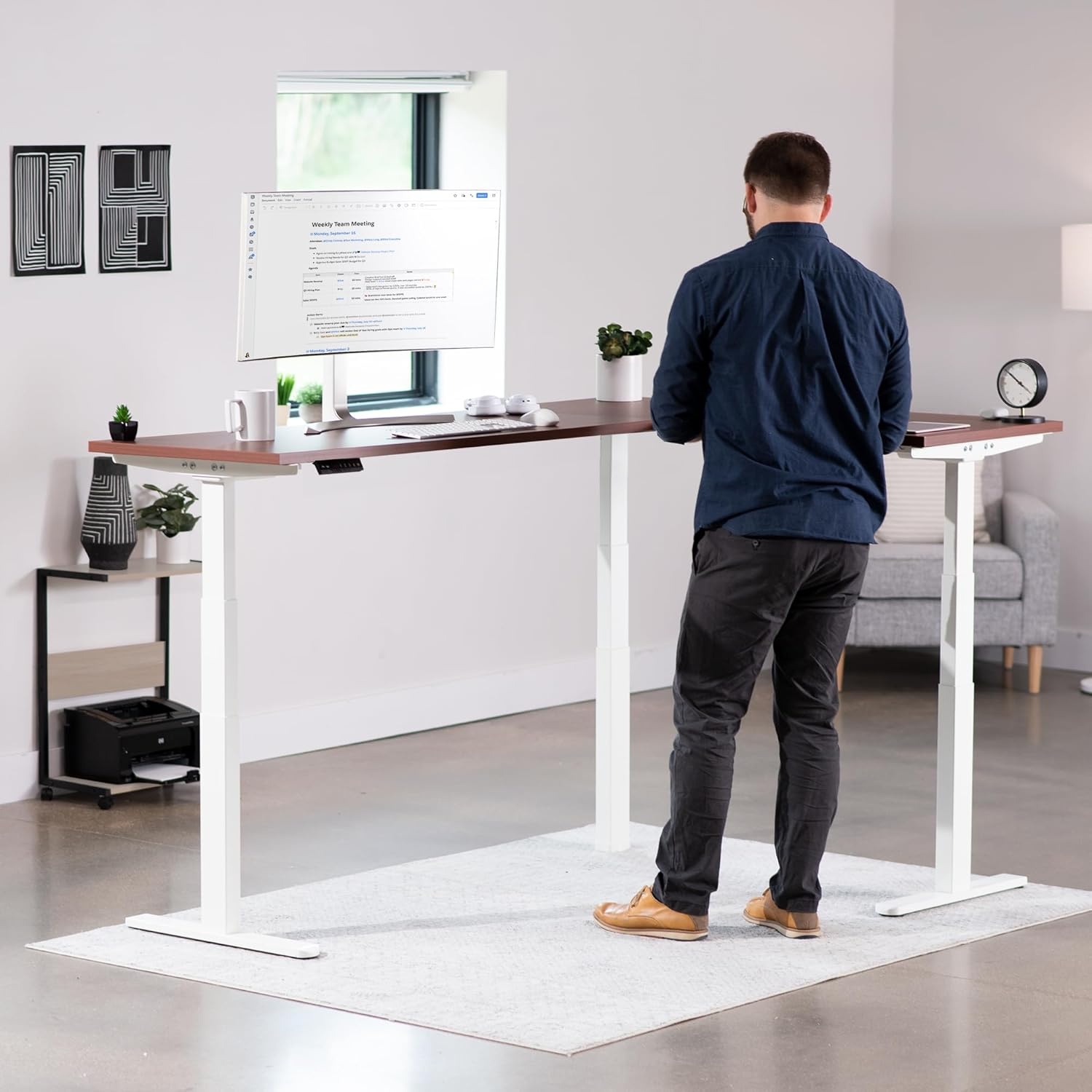 image:imageVIVO Electric Height Adjustable 83 x 60 inch Corner Stand Up Desk 2 Dark Gray Solid Table Tops Black Frame Memory Controller LShaped Workstation 3E Series DESKKIT3E8GDark Walnut Top White Frame