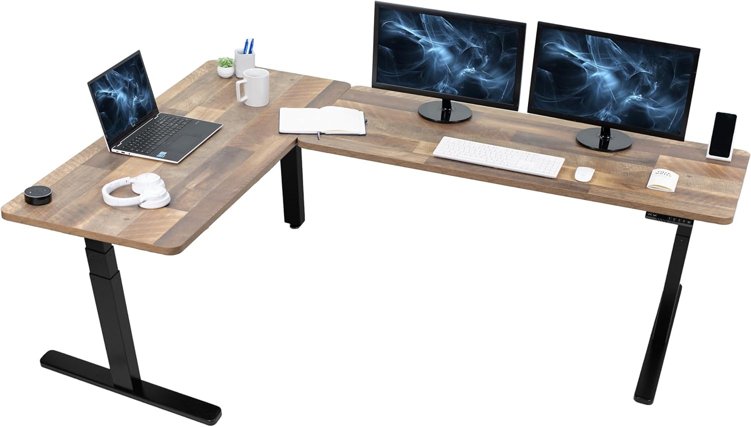 image:imageVIVO Electric Height Adjustable 83 x 60 inch Corner Stand Up Desk 2 Dark Gray Solid Table Tops Black Frame Memory Controller LShaped Workstation 3E Series DESKKIT3E8GReclaimed Wood Top Black Frame