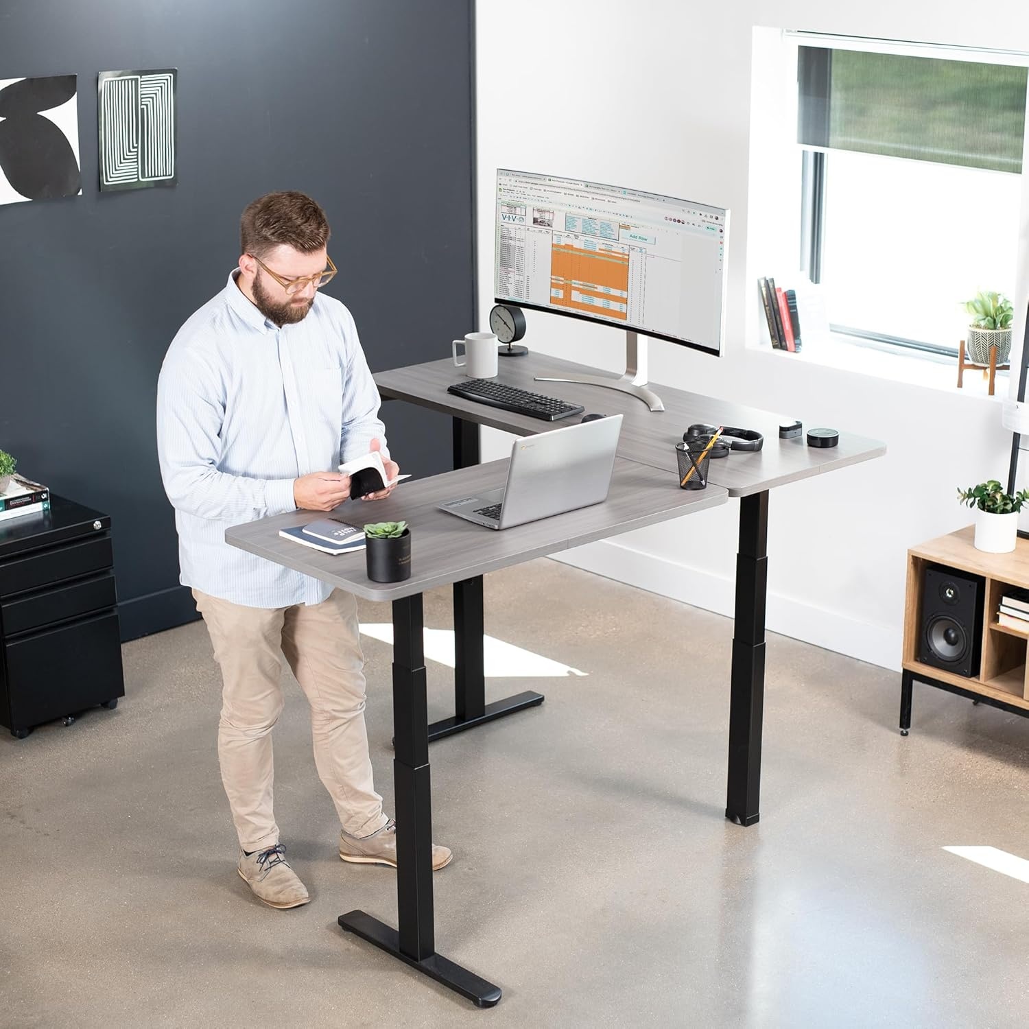 image:imageVIVO Electric Height Adjustable 83 x 60 inch Corner Stand Up Desk 2 Dark Gray Solid Table Tops Black Frame Memory Controller LShaped Workstation 3E Series DESKKIT3E8GDark Gray Top Black Frame