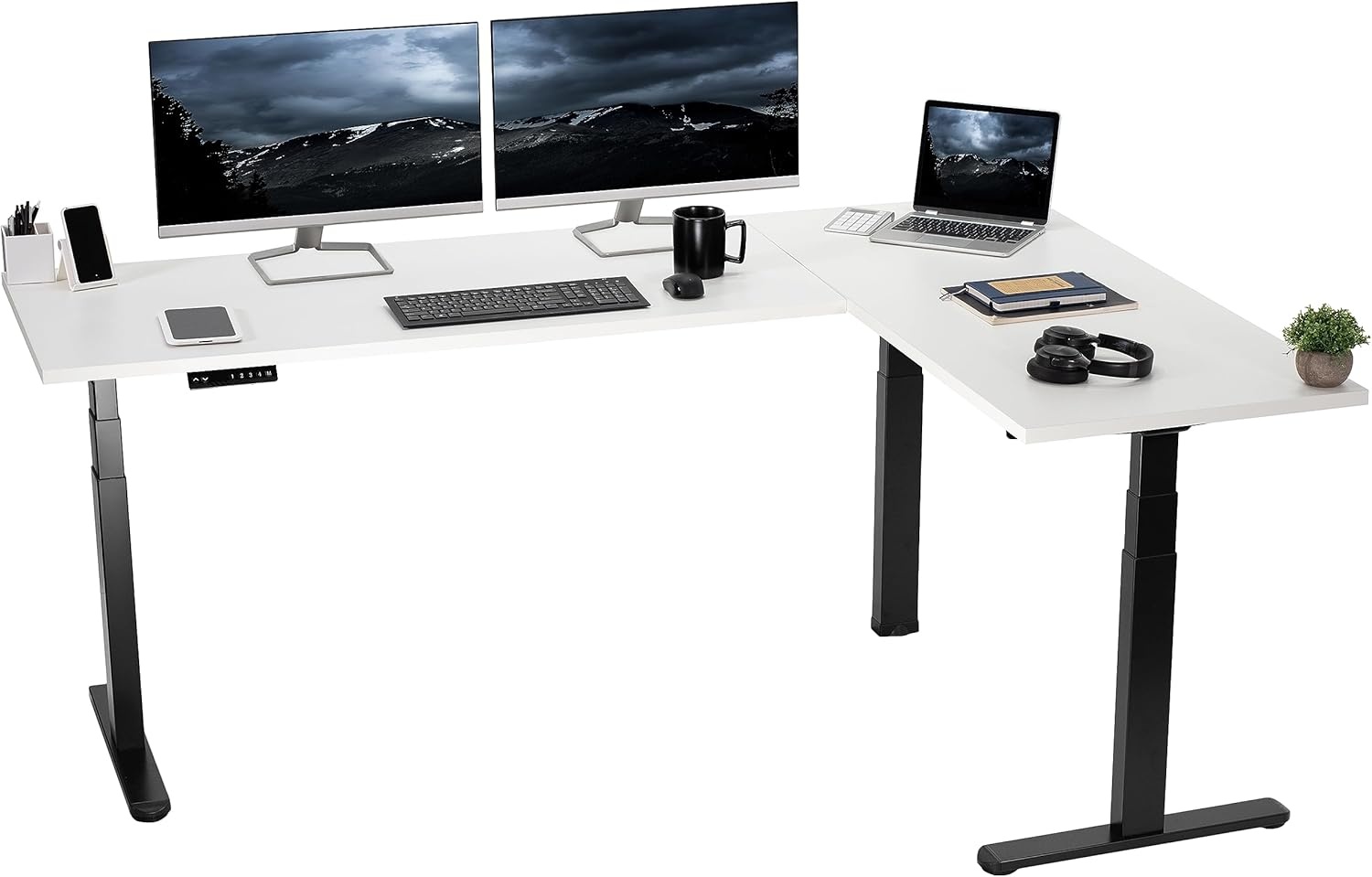 image:imageVIVO Electric Height Adjustable 83 x 60 inch Corner Stand Up Desk 2 Dark Gray Solid Table Tops Black Frame Memory Controller LShaped Workstation 3E Series DESKKIT3E8GWhite Top Black Frame