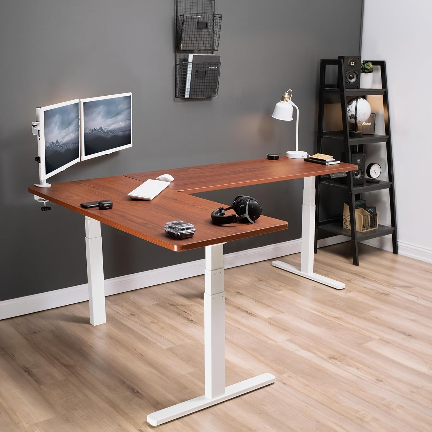 image:imageVIVO Electric Height Adjustable 83 x 60 inch Corner Stand Up Desk 2 Dark Gray Solid Table Tops Black Frame Memory Controller LShaped Workstation 3E Series DESKKIT3E8GDark Walnut Top White Frame