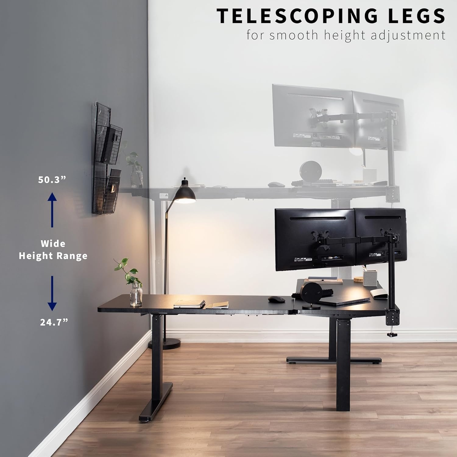 image:imageVIVO Electric Height Adjustable 83 x 60 inch Corner Stand Up Desk 2 Dark Gray Solid Table Tops Black Frame Memory Controller LShaped Workstation 3E Series DESKKIT3E8GLight Wood Top Black Frame