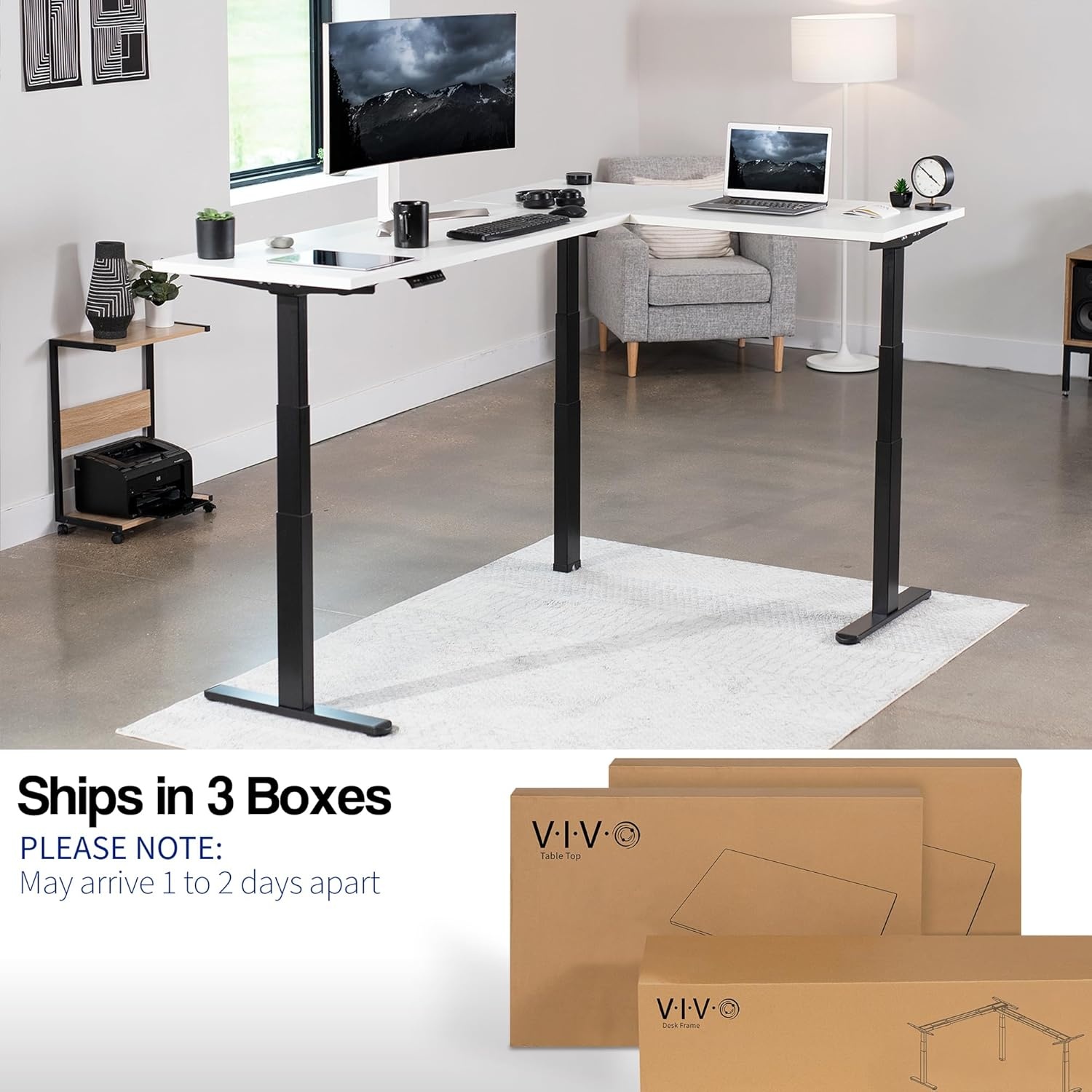 image:imageVIVO Electric Height Adjustable 83 x 60 inch Corner Stand Up Desk 2 Dark Gray Solid Table Tops Black Frame Memory Controller LShaped Workstation 3E Series DESKKIT3E8GWhite Top Black Frame