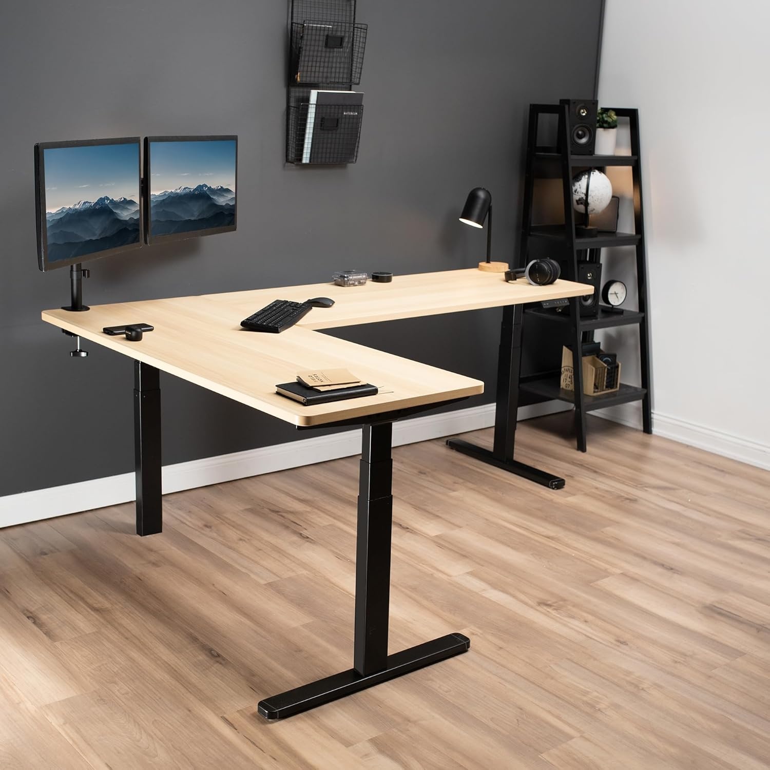 image:imageVIVO Electric Height Adjustable 83 x 60 inch Corner Stand Up Desk 2 Dark Gray Solid Table Tops Black Frame Memory Controller LShaped Workstation 3E Series DESKKIT3E8GLight Wood Top Black Frame