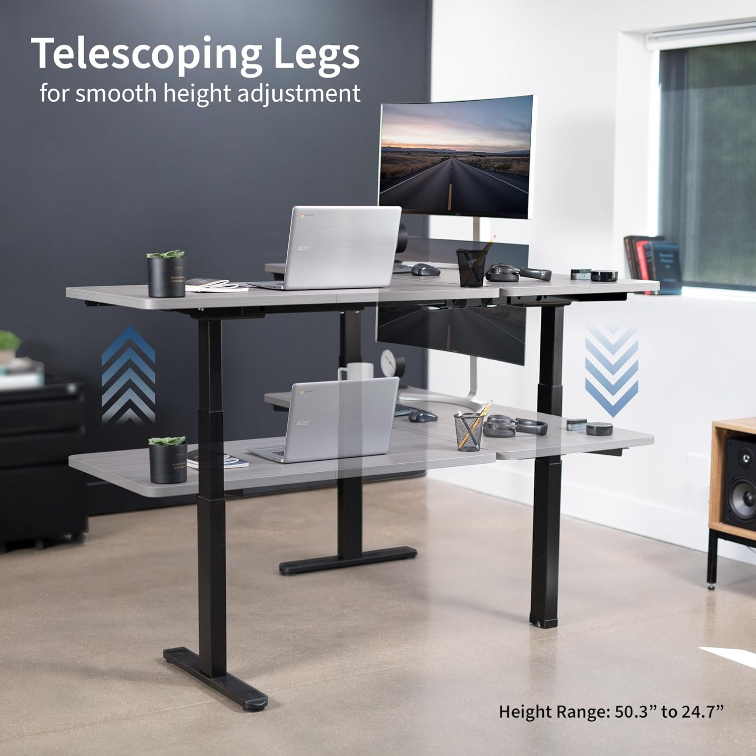image:imageVIVO Electric Height Adjustable 83 x 60 inch Corner Stand Up Desk 2 Dark Gray Solid Table Tops Black Frame Memory Controller LShaped Workstation 3E Series DESKKIT3E8GDark Gray Top Black Frame