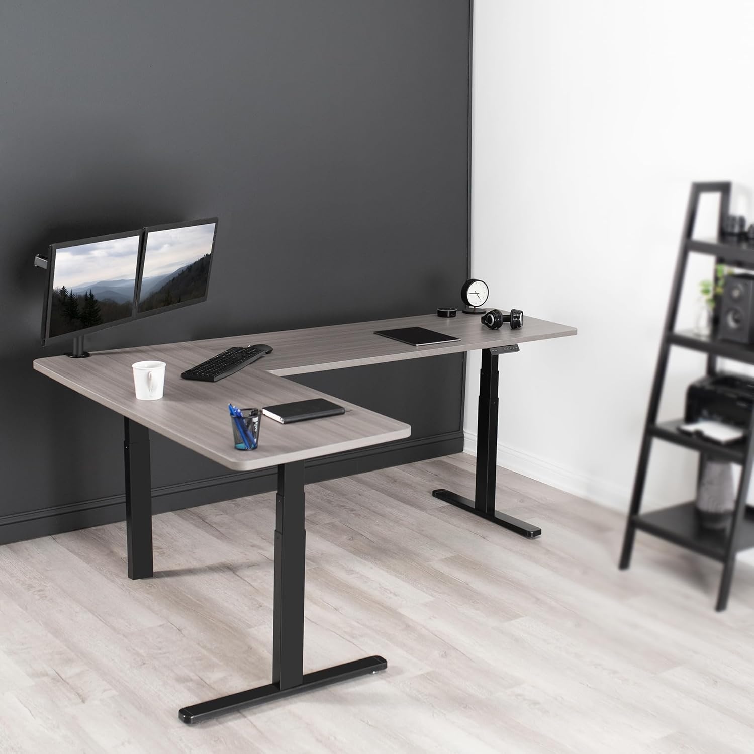 image:imageVIVO Electric Height Adjustable 83 x 60 inch Corner Stand Up Desk 2 Dark Gray Solid Table Tops Black Frame Memory Controller LShaped Workstation 3E Series DESKKIT3E8GDark Gray Top Black Frame