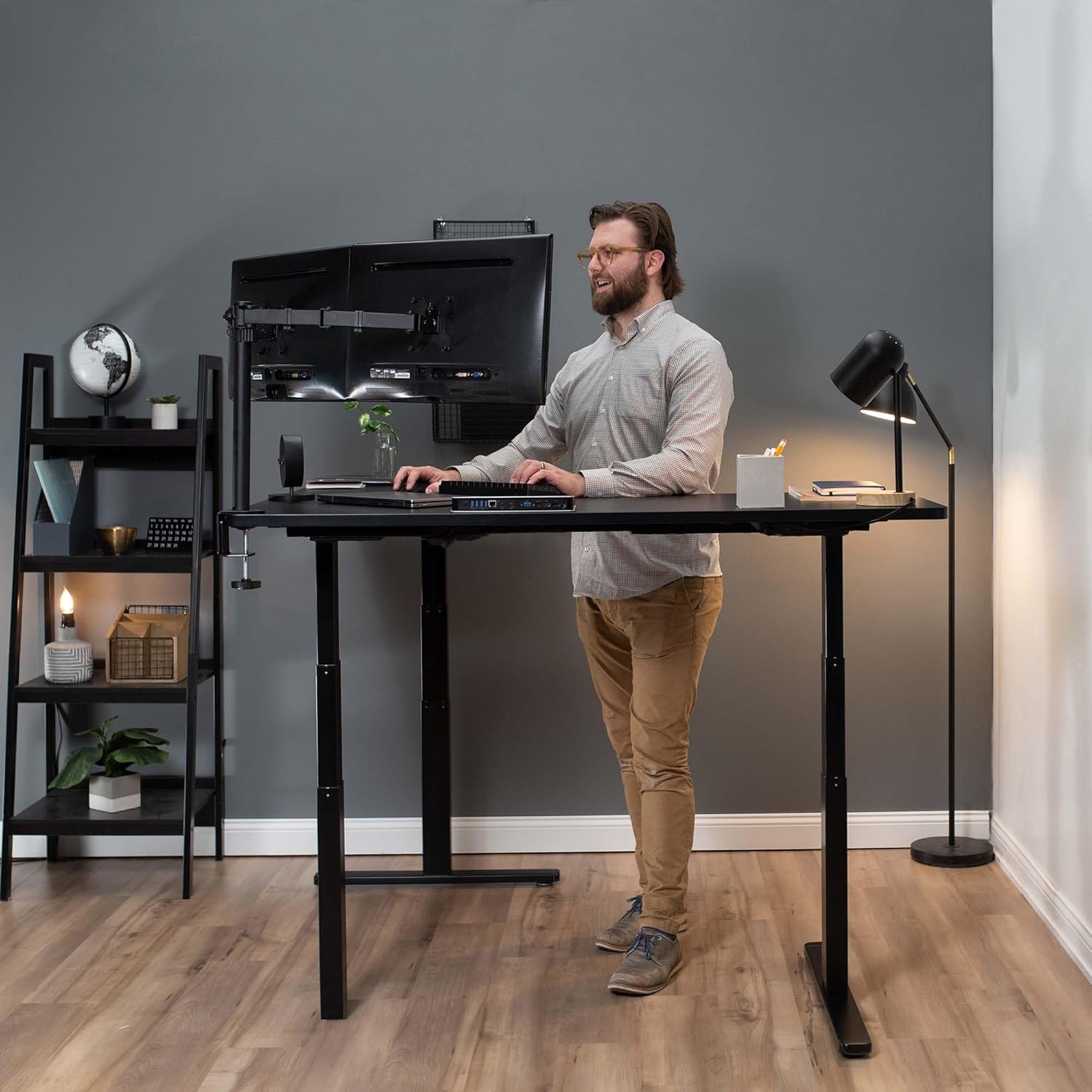 image:imageVIVO Electric Height Adjustable 83 x 60 inch Corner Stand Up Desk 2 Dark Gray Solid Table Tops Black Frame Memory Controller LShaped Workstation 3E Series DESKKIT3E8GDark Walnut Top White Frame